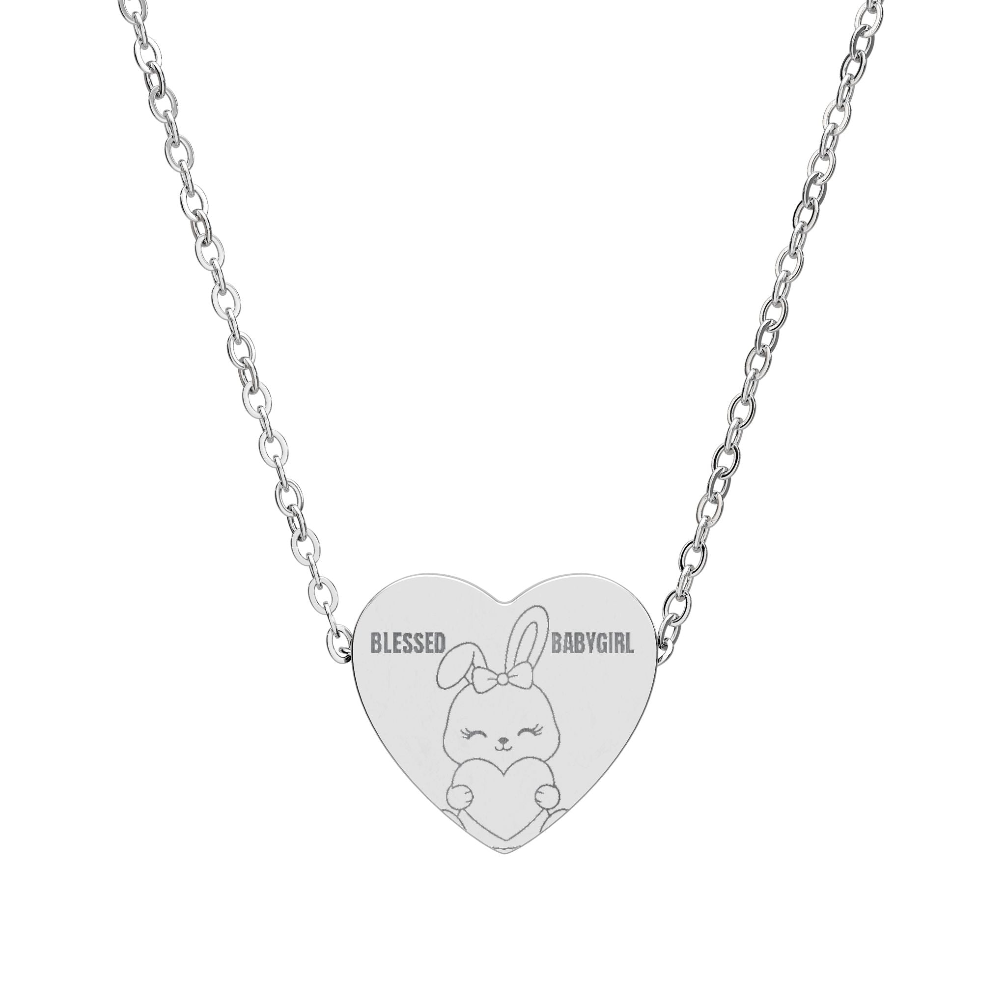 Blessed Babygirl Heart Necklace — Engraved Bunny Pendant