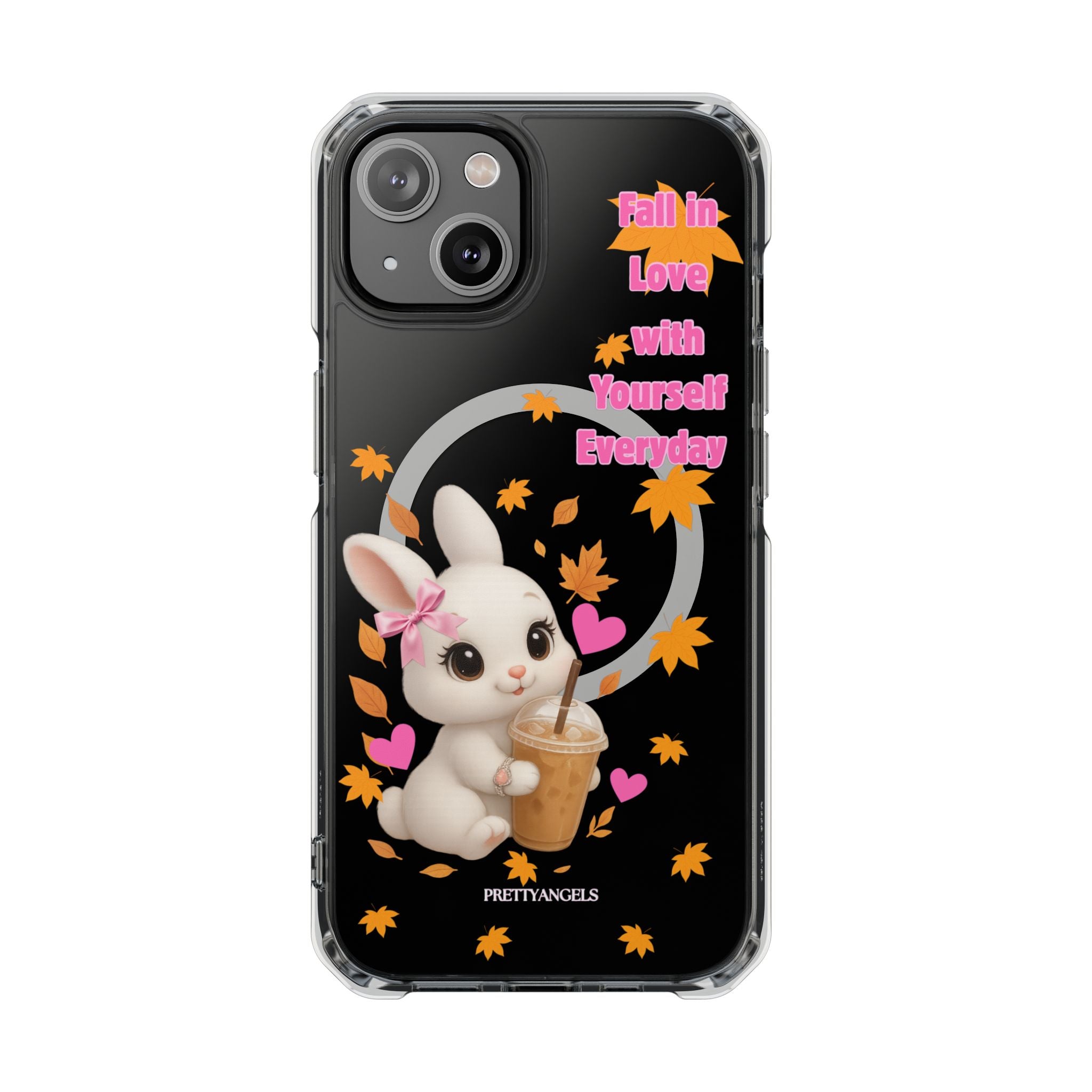 Fall in Love with Yourself Everyday – Cute White Bunny MagSafe iPhone Case with Hearts & Autumn Leaves, Luxury Aesthetic Clear Phone Cover