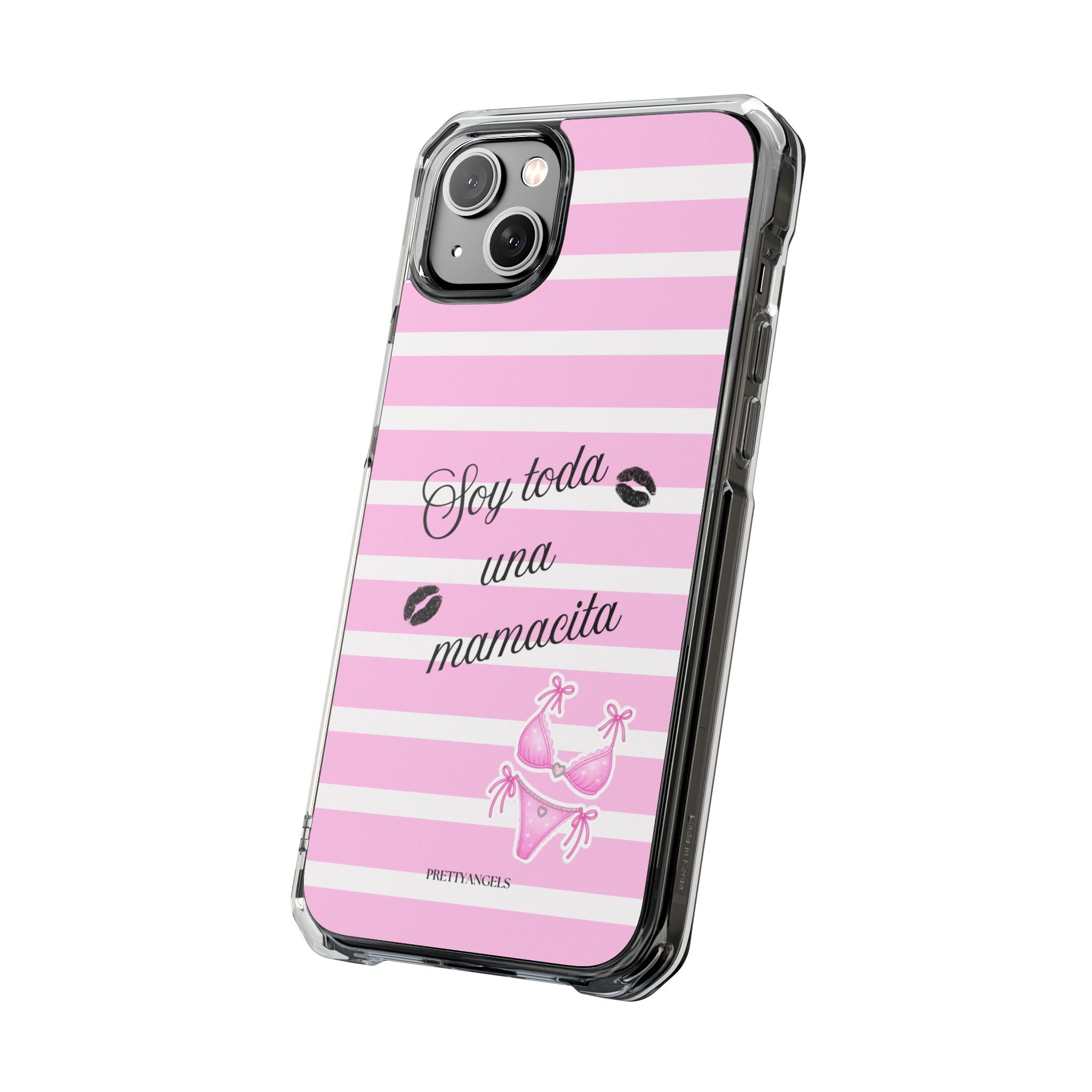 “Soy Toda Una Mamacita” MagSafe Clear Phone Case - Pink & White Striped | Latina Baddie Magnetic Impact Cover