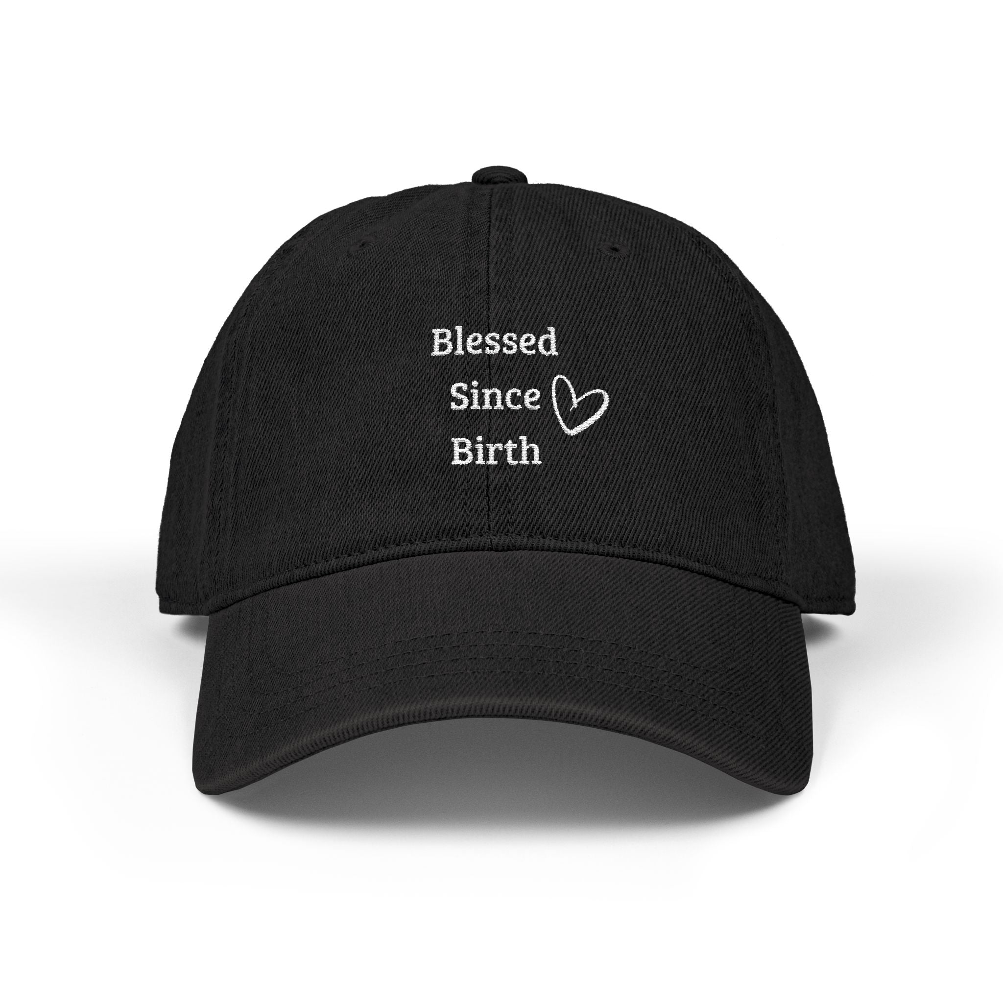 Blessed Since Birth Denim Hat – Cute Aesthetic Vintage Low-Profile Adjustable Cap with White Heart | Girly Barbie Rich-Girl Hat | Soft Washed Denim Dad Cap (55–64 cm)