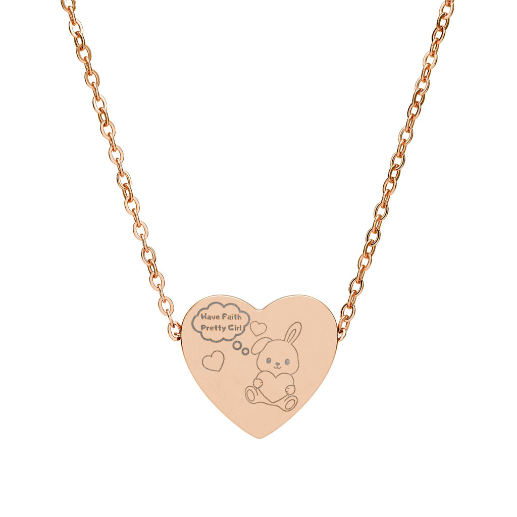 “Have Faith Pretty Girl™ Engraved Heart Necklace – Cute Bunny Hugging Heart Pendant, Laser-Etched 316L Stainless Steel Girly Faith Jewelry”