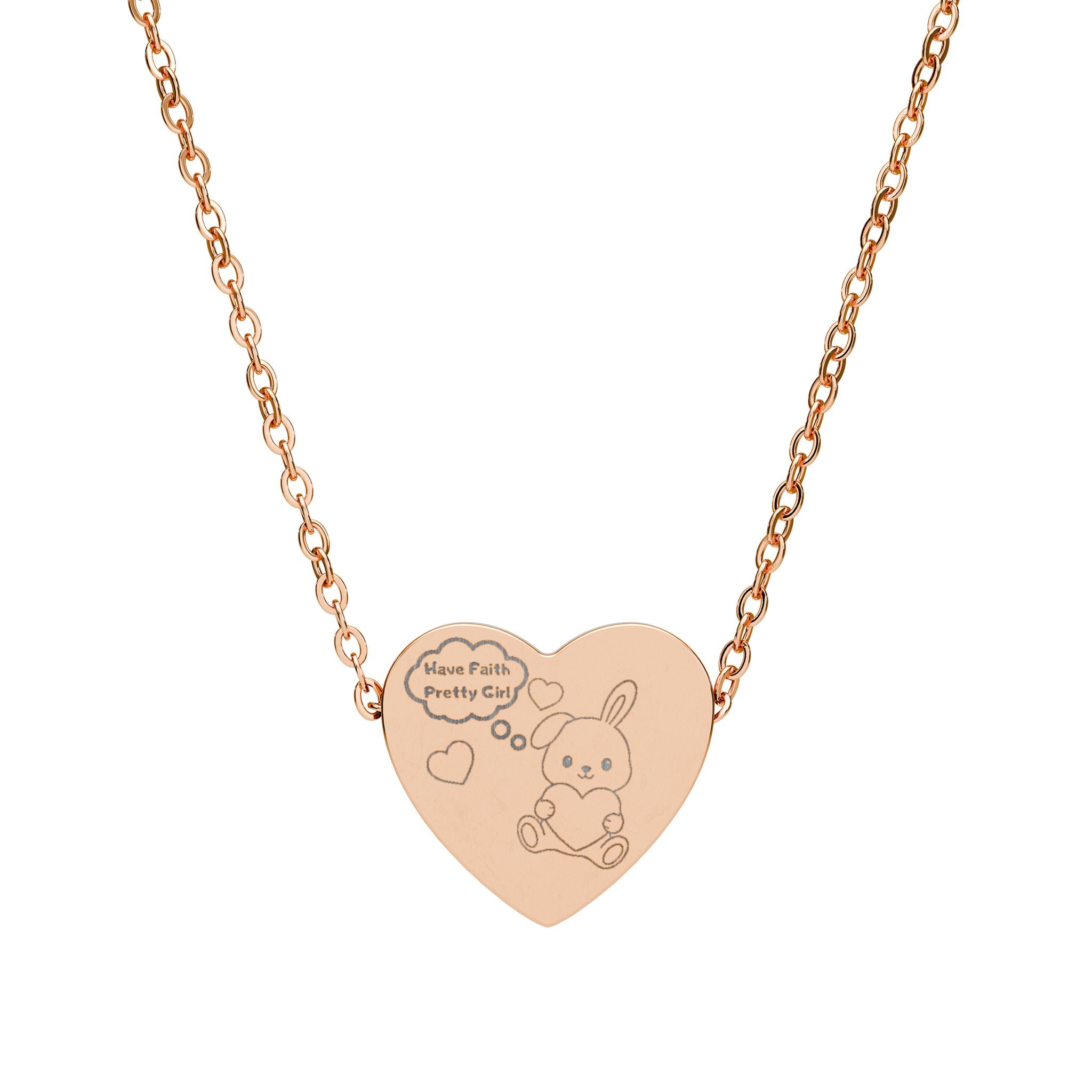 “Have Faith Pretty Girl™ Engraved Heart Necklace – Cute Bunny Hugging Heart Pendant, Laser-Etched 316L Stainless Steel Girly Faith Jewelry”