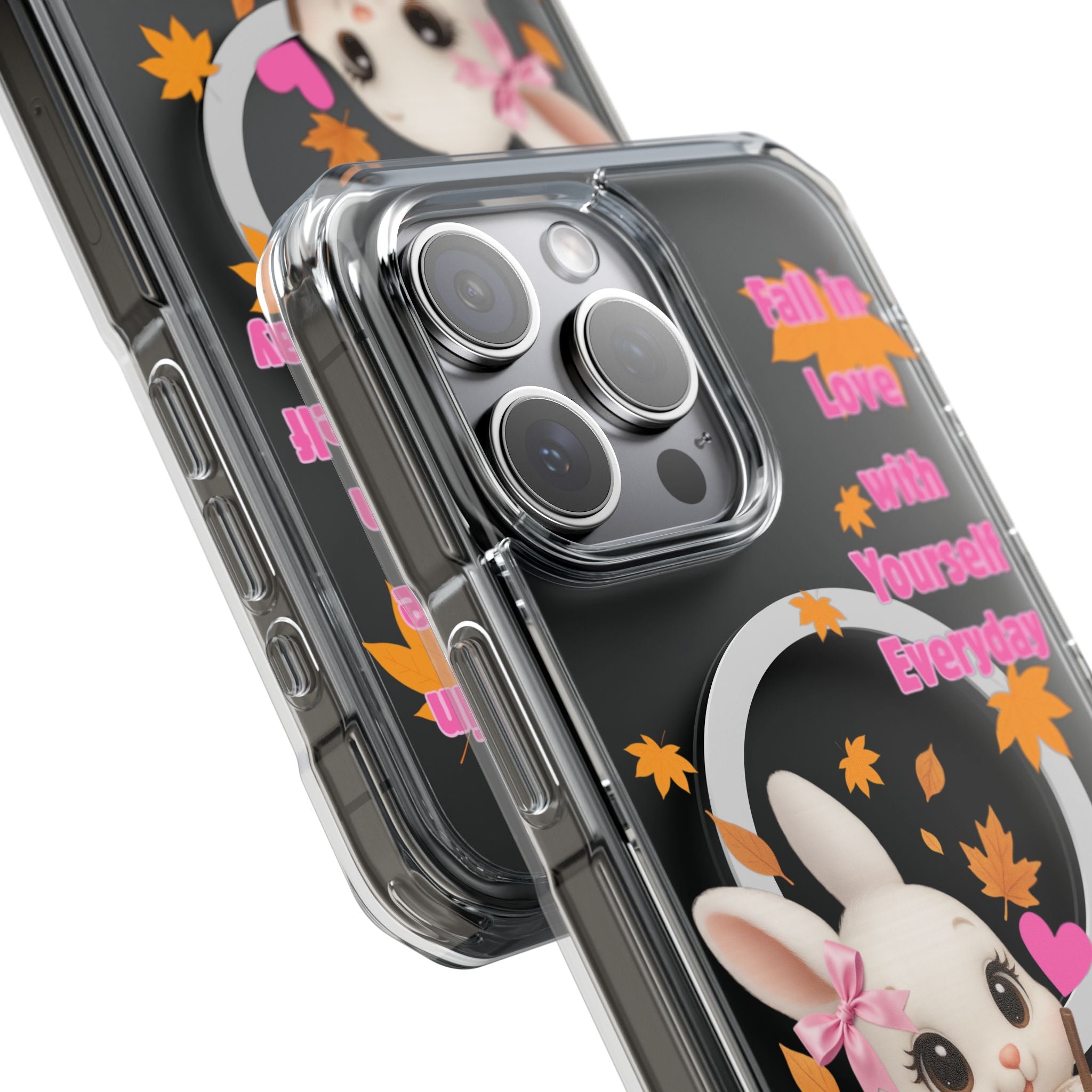 Fall in Love with Yourself Everyday – Cute White Bunny MagSafe iPhone Case with Hearts & Autumn Leaves, Luxury Aesthetic Clear Phone Cover