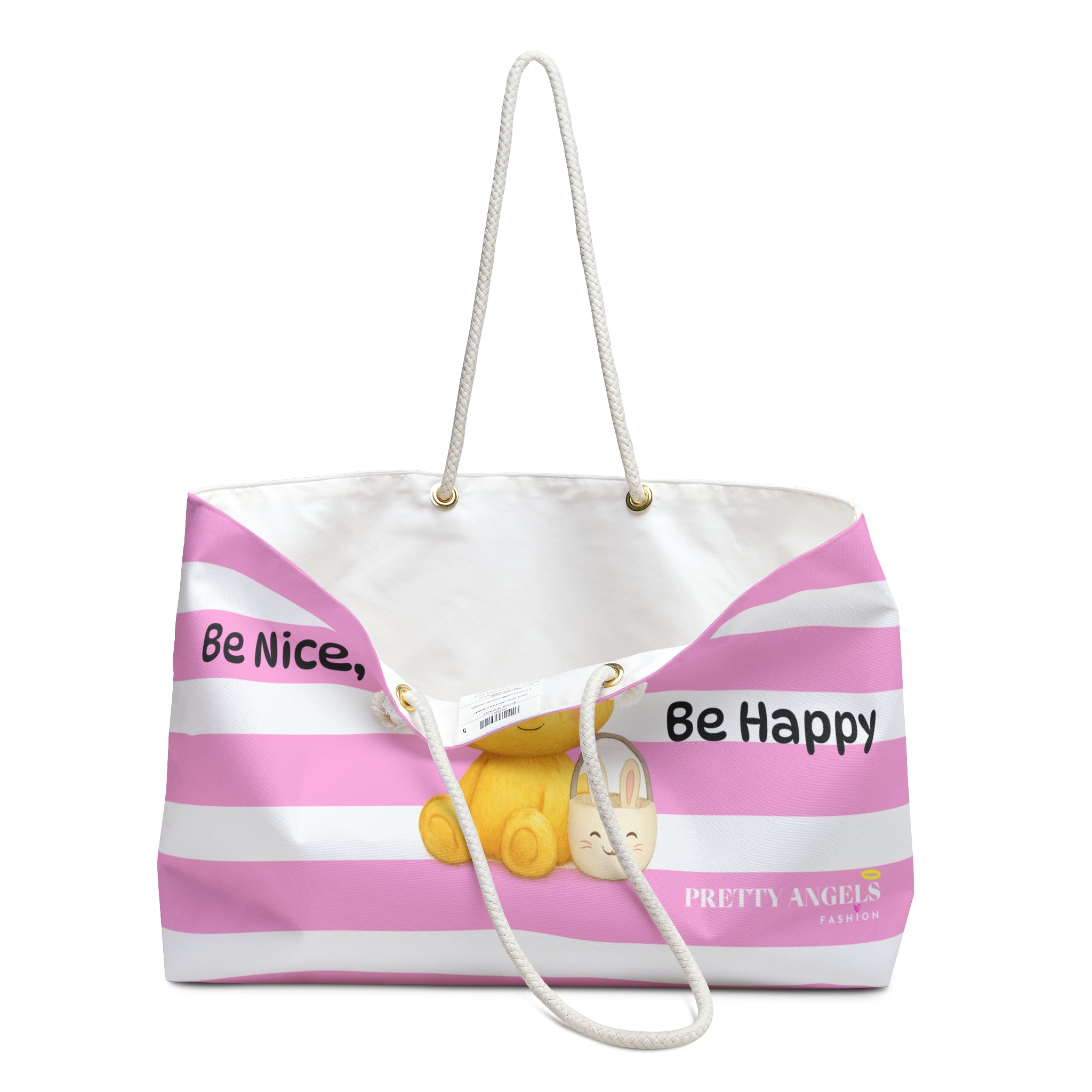 Light Pink Stripped “Be Nice, Be Happy” Weekender Tote - Cute Teddy Bear Aesthetic Travel Bag for Rich Girls