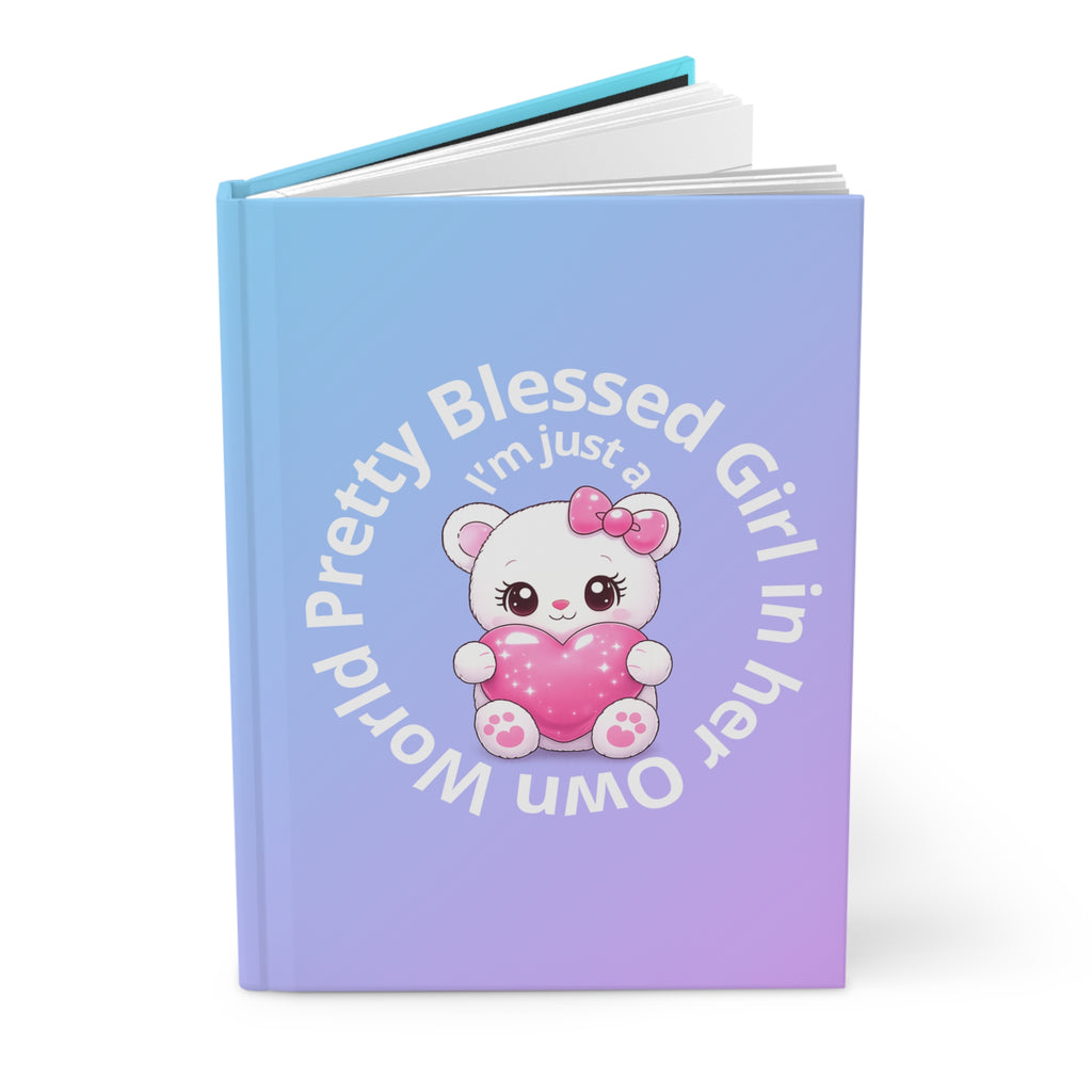 Pretty Blessed Girl Hardcover Journal — Cute Teddy Bear with Pink Heart (Ombre Blue)