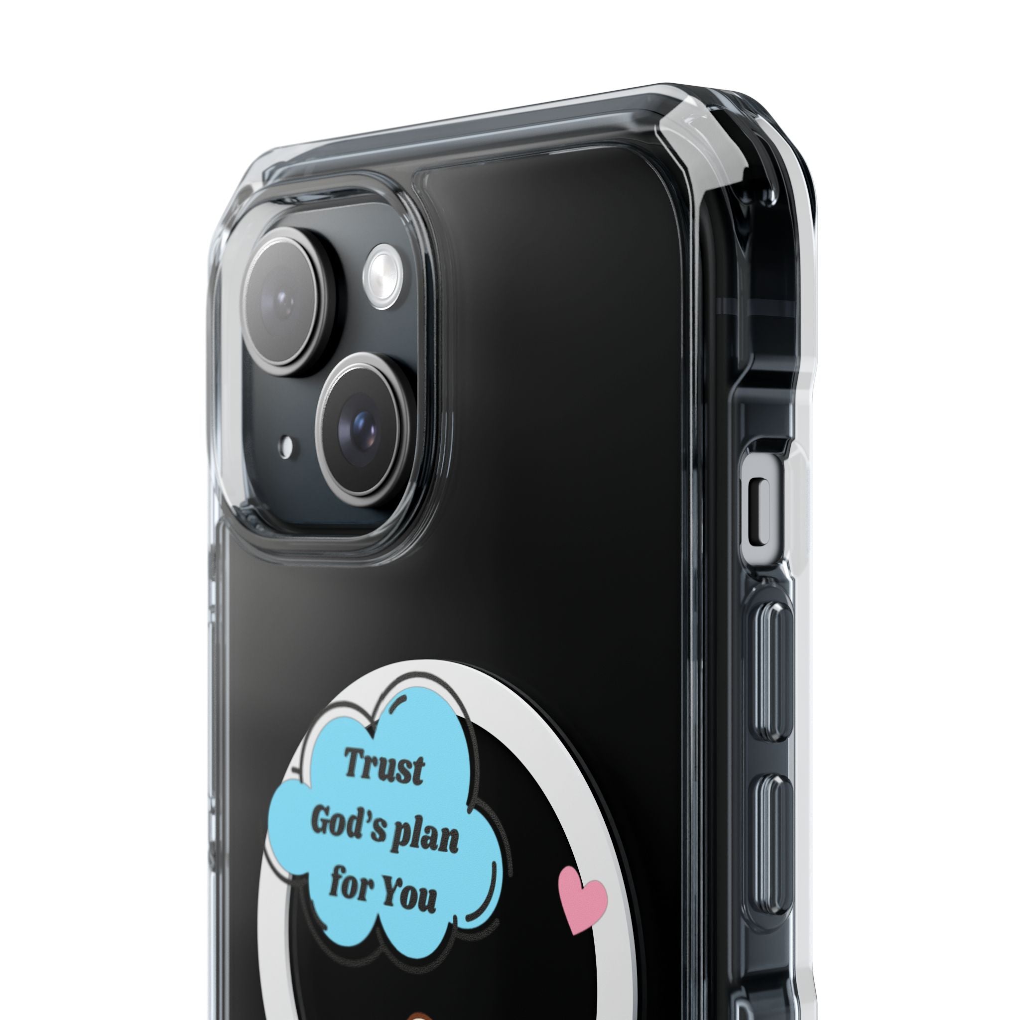 Cute Bunny MagSafe iPhone Case – Clear Sparkly Aesthetic Phone Cover with Hearts, Kisses & “Trust God’s Plan for You” Cloud