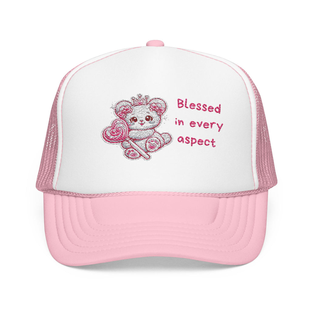 Pink Crowned Teddy Bear Trucker Hat — "Blessed in Every Aspect" Embroidered
