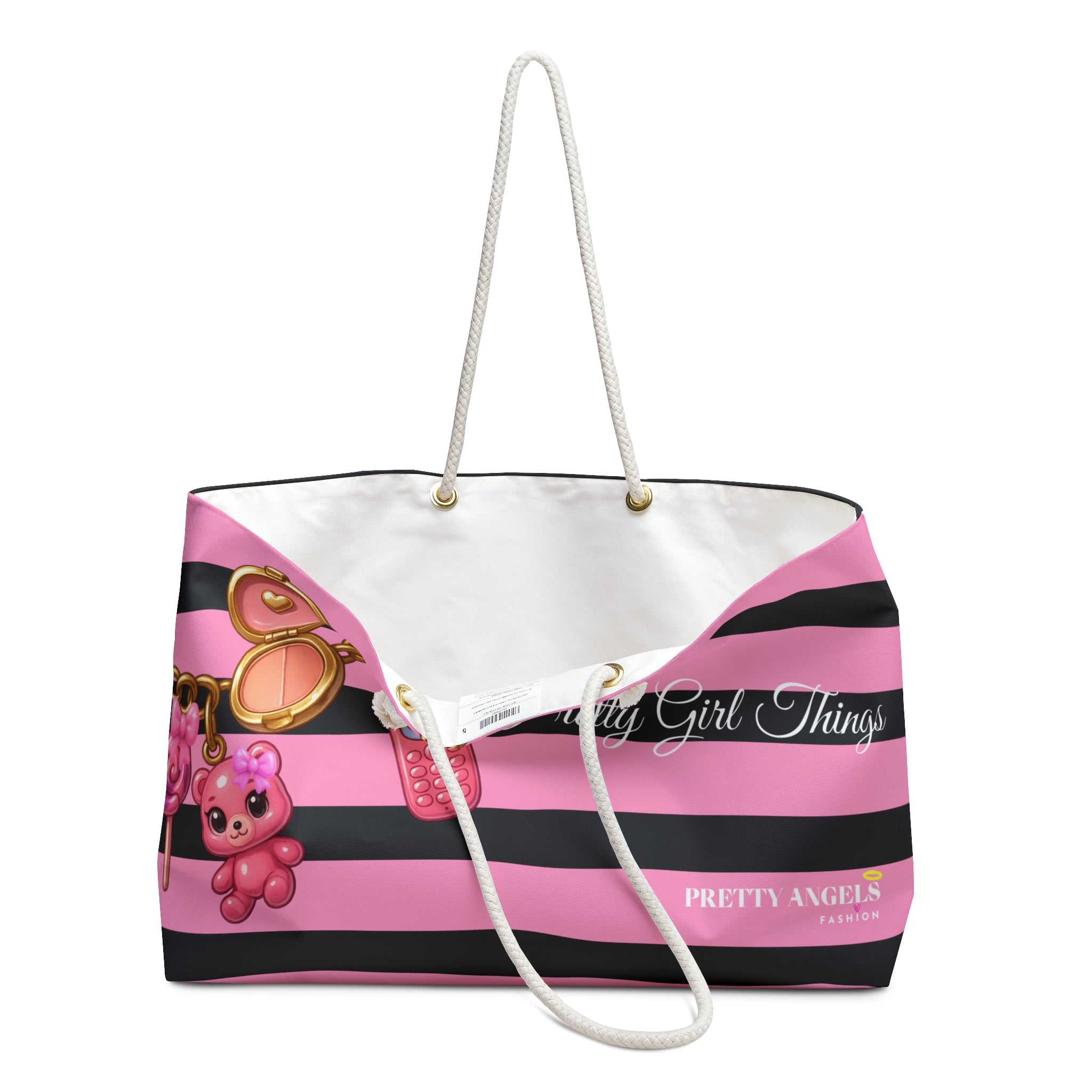Pretty Girl Things Charm Tote - Light Pink & Black Striped Weekender Bag with Cute Baddie Charm Bracelet