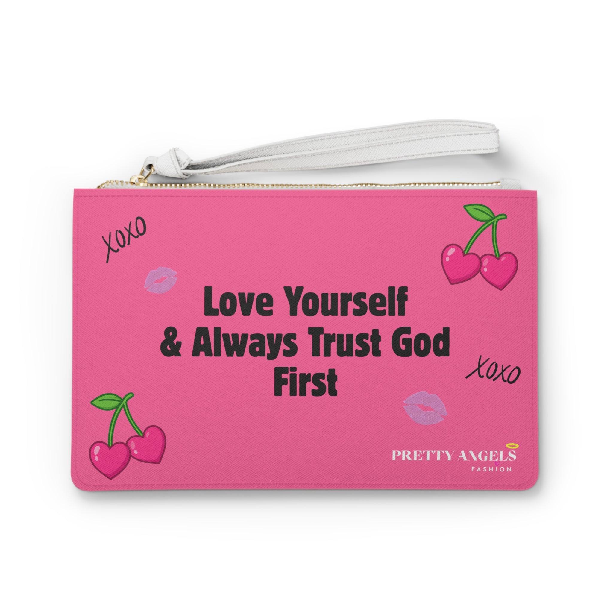 Barbie Pink Luxury Makeup Bag – Heart Cherries, “Love Yourself & Always Trust God First” Quote, Cute Girly Cosmetic Clutch (9.5” x 6.6”)