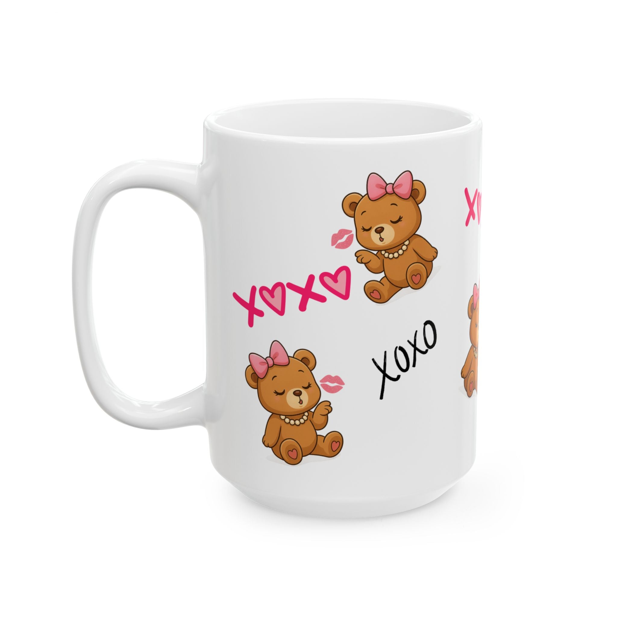 XOXO Teddy Kiss™ Pink Aesthetic Mug – Cute Brown Teddy Bear with Bow & Pearls | Girly Luxury Coffee Mug (11oz & 15oz)