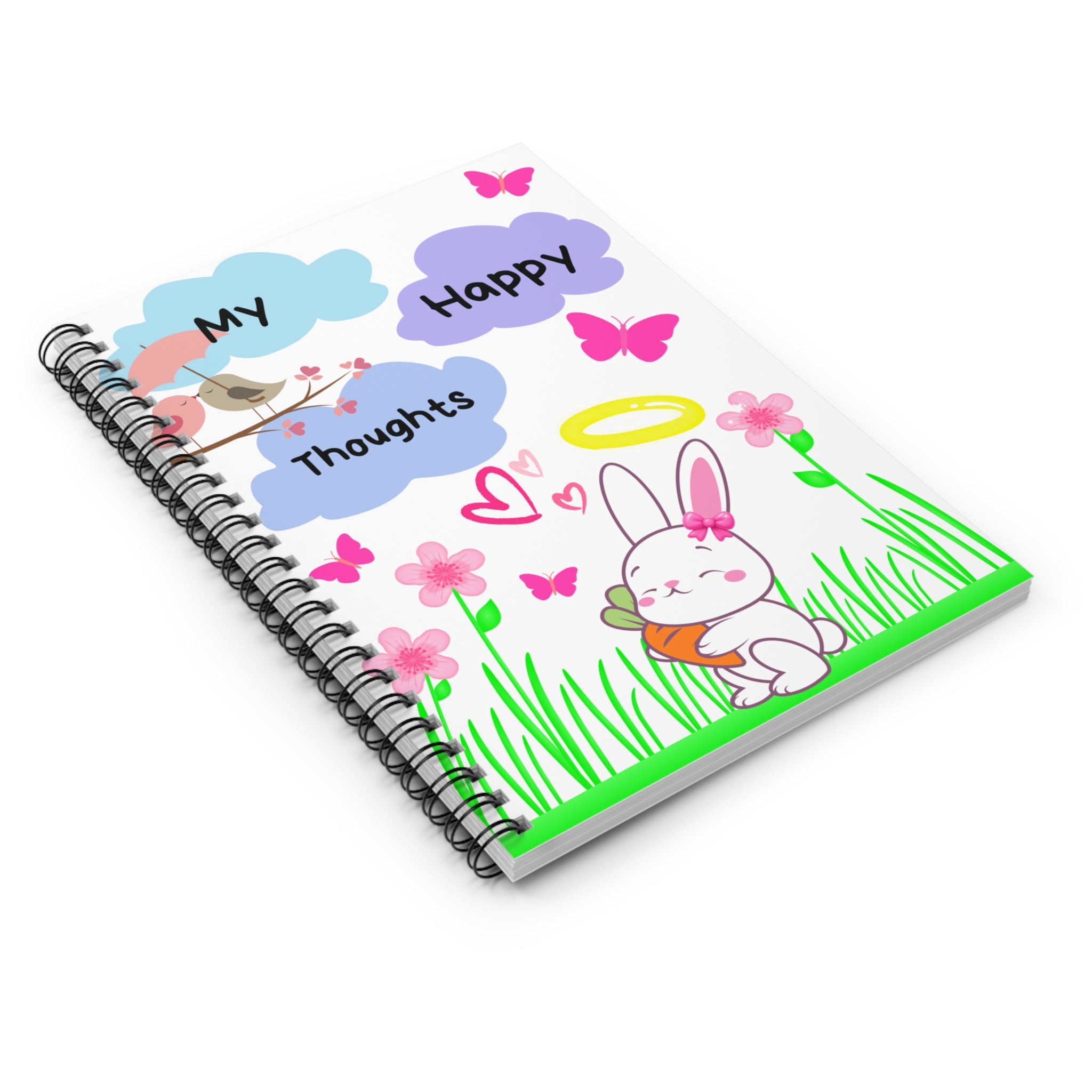 “Cute Bunny Notebook – ‘My Happy Thoughts’ Clouds Journal with Pink Butterflies, Pastel Aesthetic Spiral Notebook for Girls (6x8, 118 Pages)”