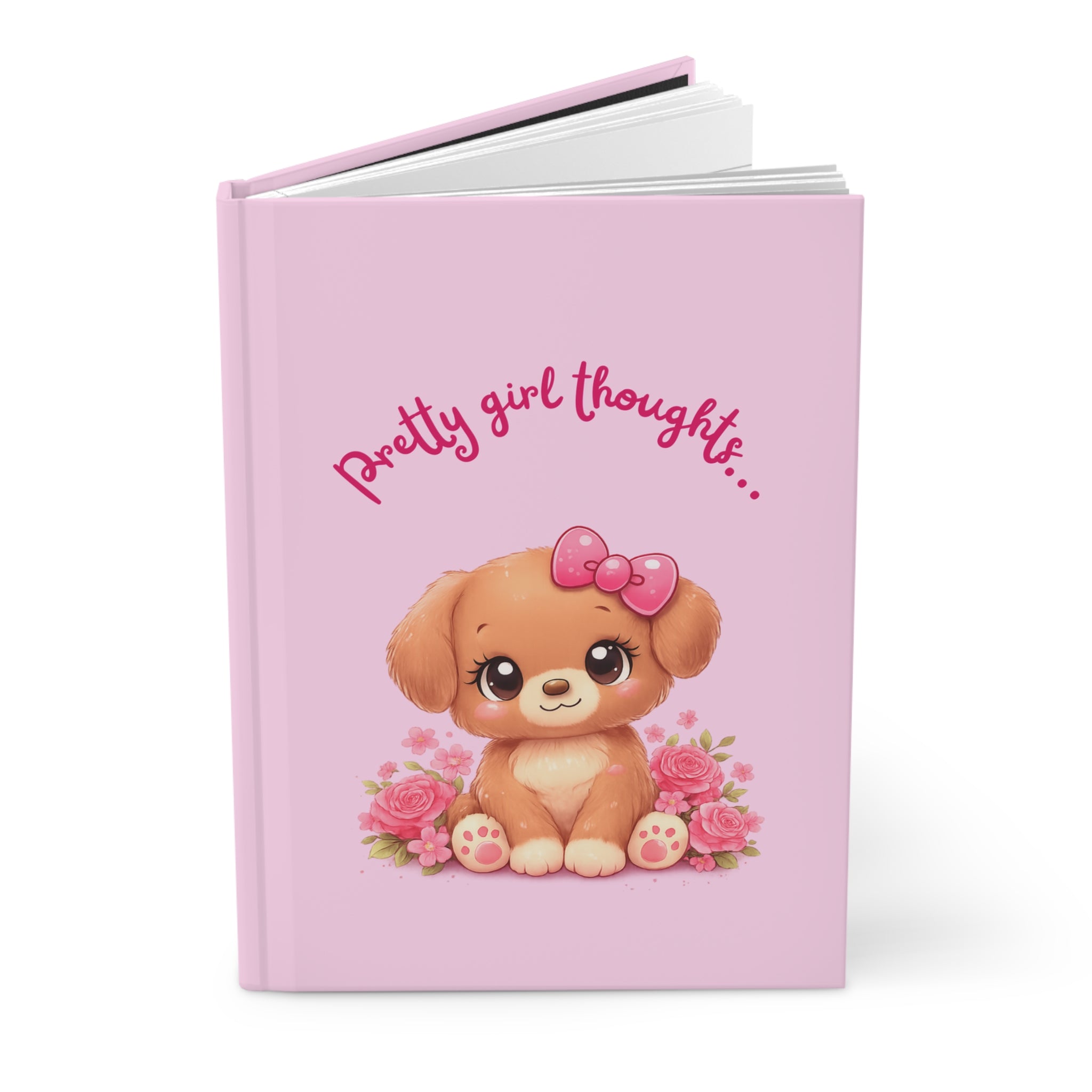 Pretty Girl Thoughts Puppy Hardcover Journal — Cute Puppy with Roses Notebook
