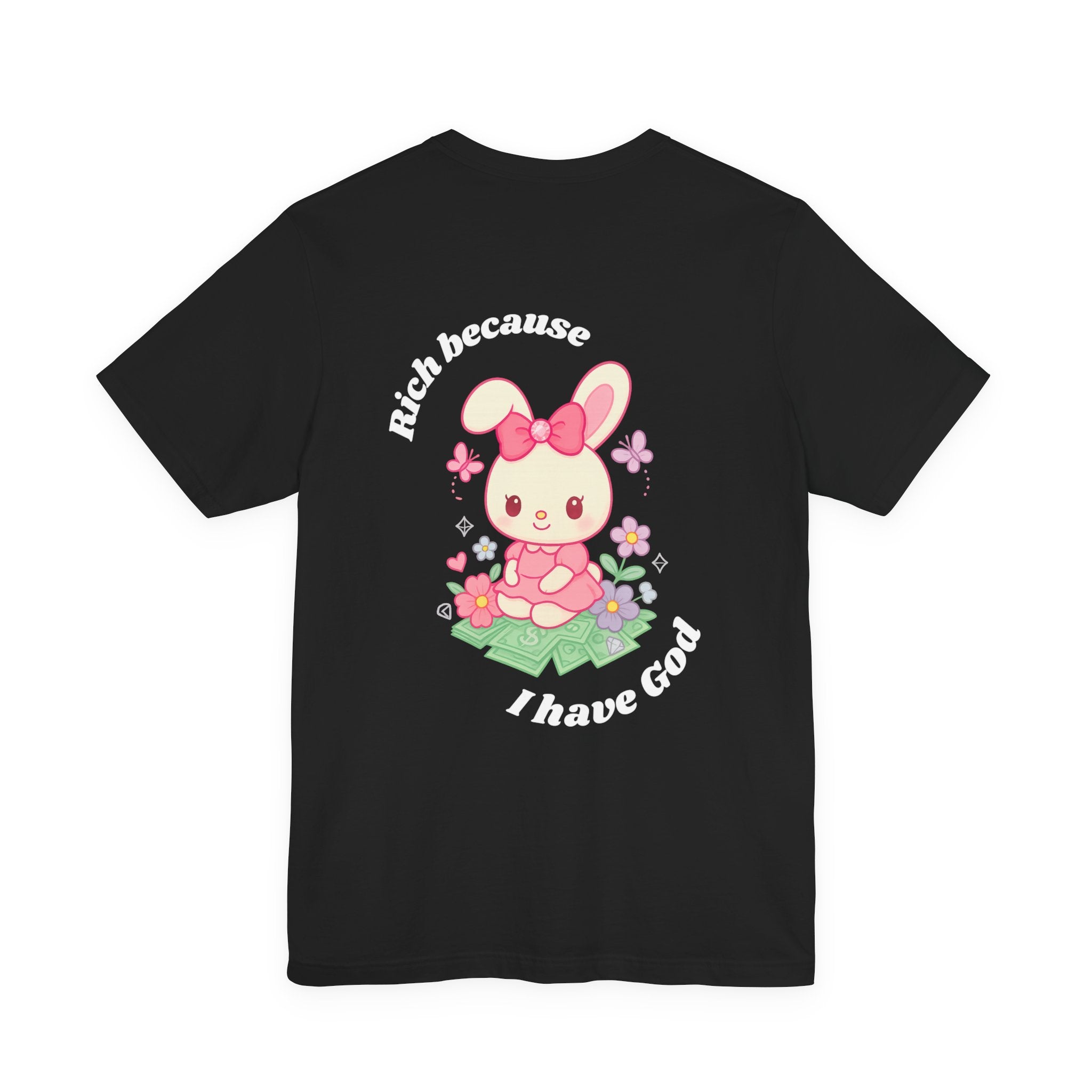 “Rich Because I Have God” Oversized (Back) Bunny Graphic Tee – Luxury Baggy T-Shirt (Black, Heather Mint, Turquoise, Pink)