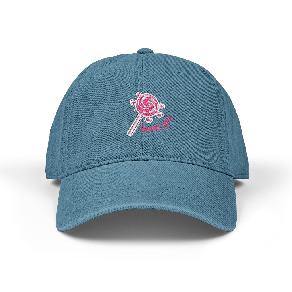 Sweet Girl Denim Hat — Embroidered Lollipop Heart Patch