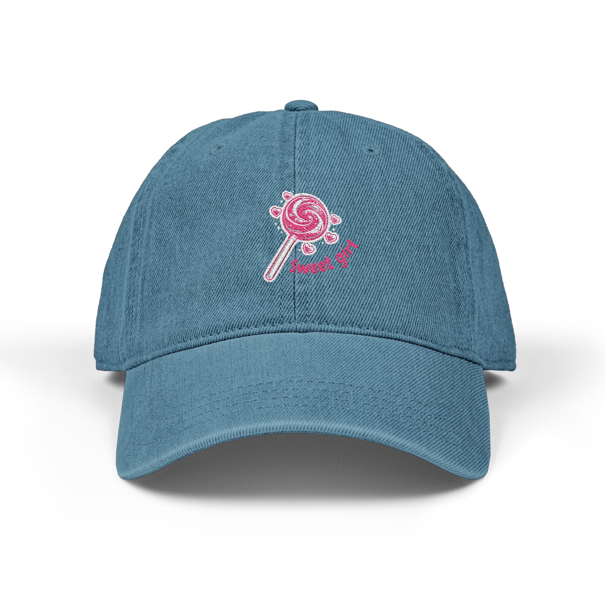 Sweet Girl Denim Hat — Embroidered Lollipop Heart Patch