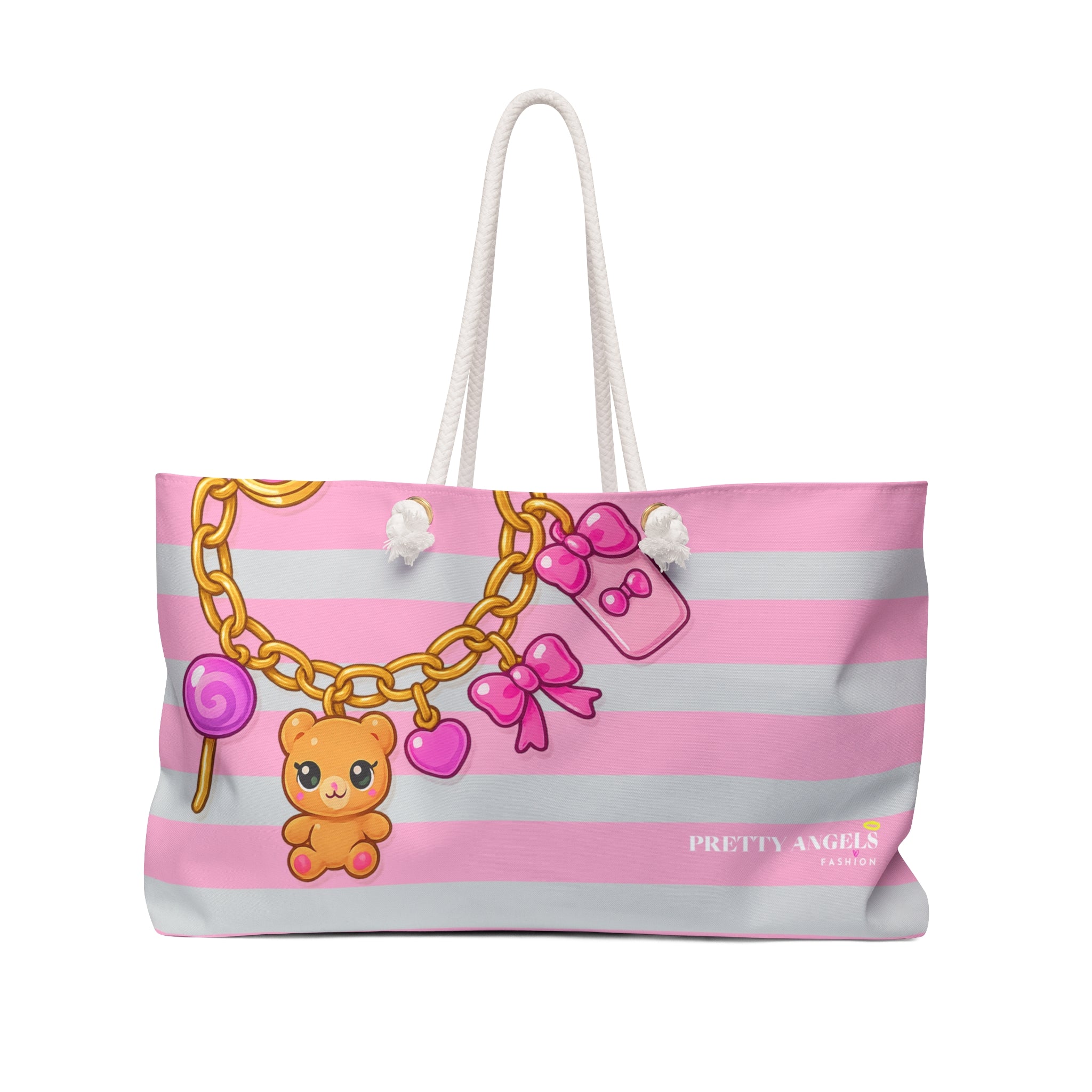 Pink & Grey Striped Weekender Bag with Cute Charm Bracelet - Luxury Aesthetic Tote for Travel | Rich Girl Getaway Vibes