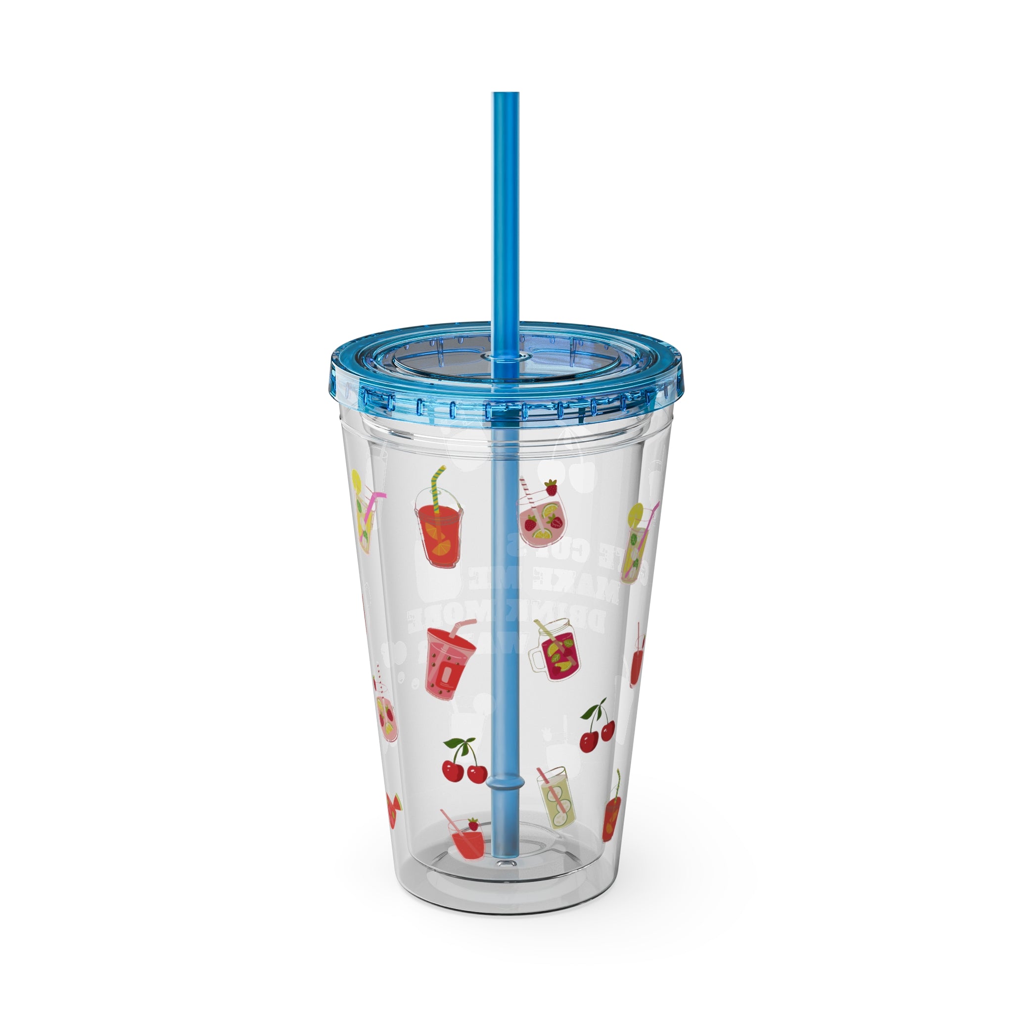 Clear “Cute Cups Make Me Drink More Water” Tumbler - 16oz Acrylic Cup with Lid & Straw | Aesthetic Lemonade, Cherry & Water Drink Patterns for Pretty Girls | Soft Girl Tumbler