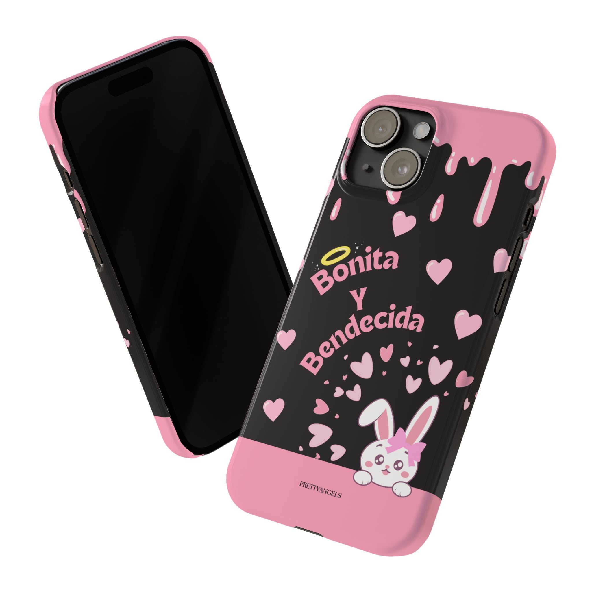 Bonita y Bendecida Phone Case - Black Slim Lightweight Cover with Pink Bunny Bow, Hearts & Drip Aesthetic for Stylish Latina Baddies
