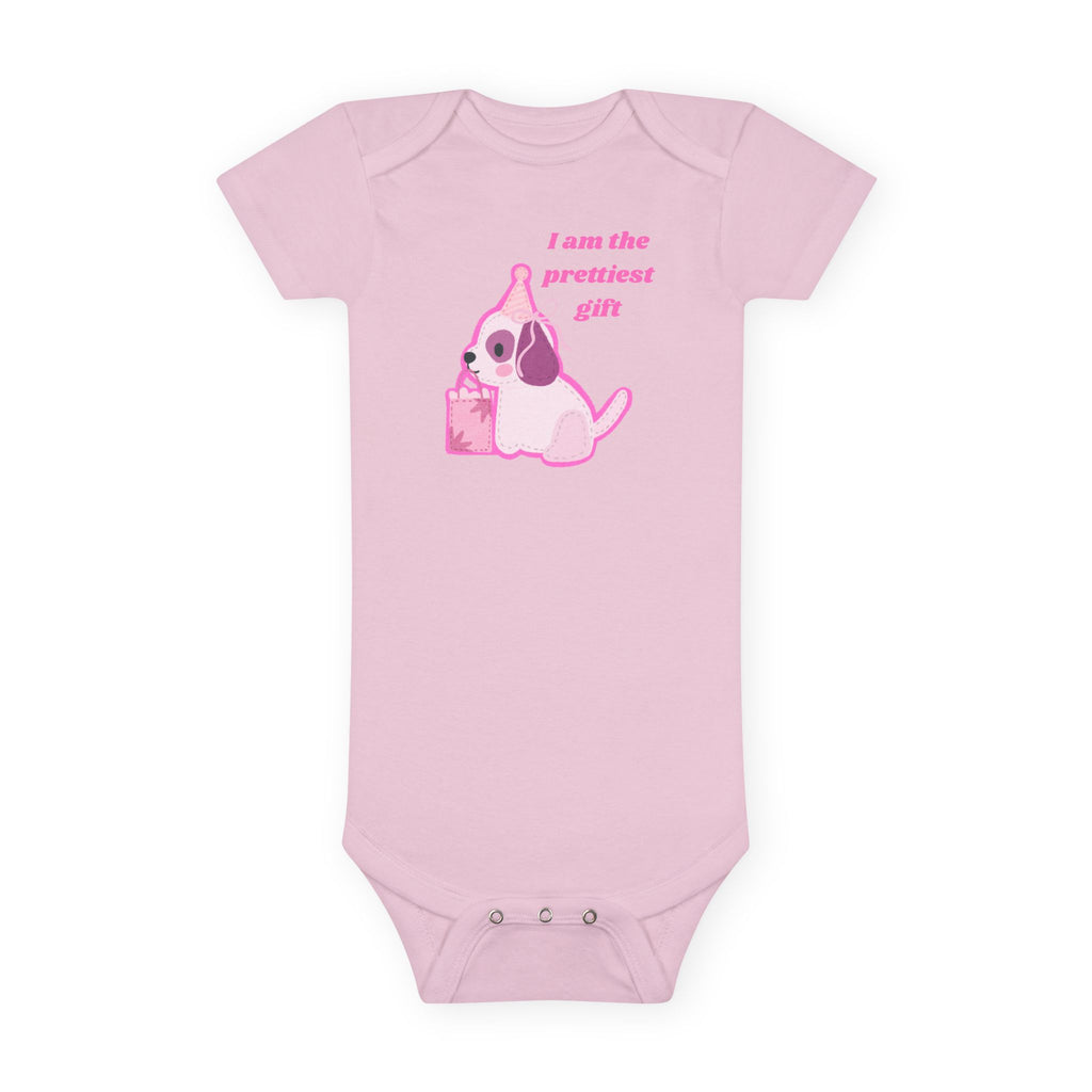 “I Am the Prettiest Gift”™ Pink Puppy Baby Girl Birthday Onesie – Adorable Gerber® Cotton Bodysuit for Stylish Moms