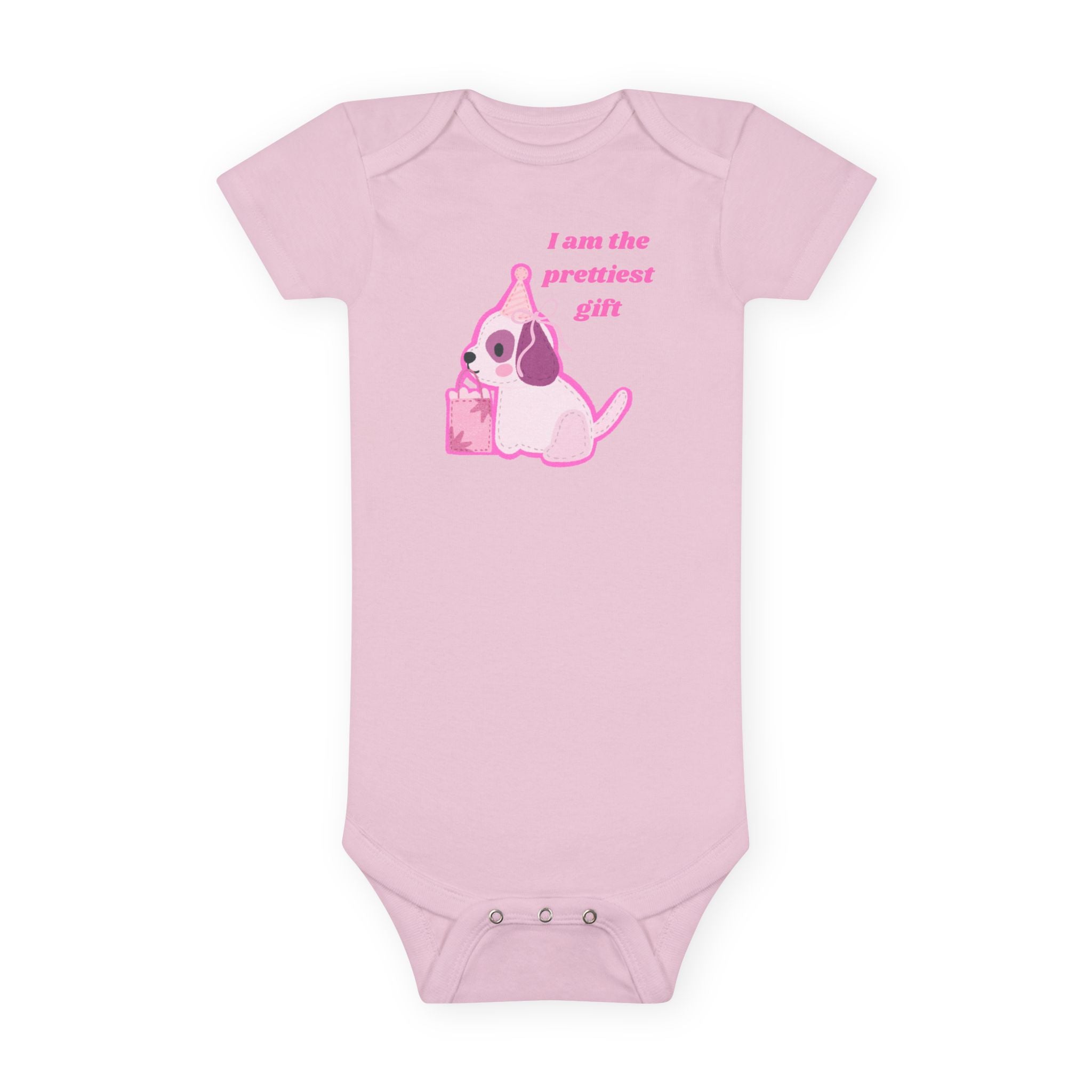 “I Am the Prettiest Gift”™ Pink Puppy Baby Girl Birthday Onesie – Adorable Gerber® Cotton Bodysuit for Stylish Moms