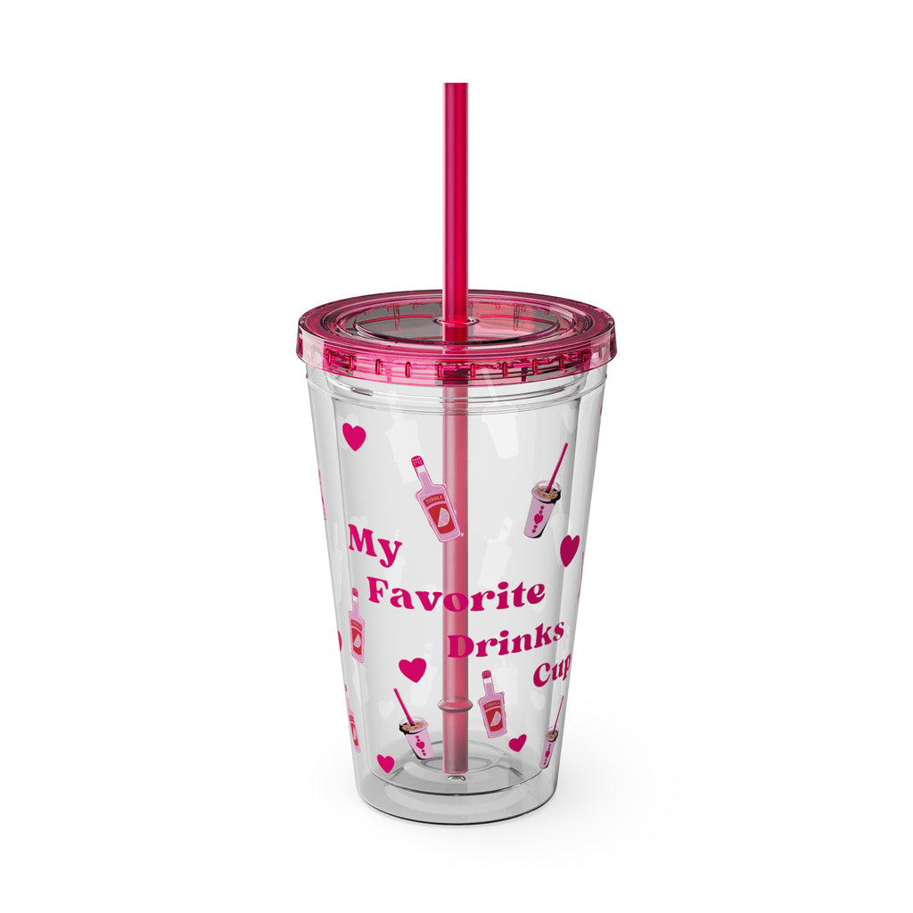 “My Favorite Drinks Cup” - 16oz Clear Acrylic Tumbler with Hot Pink Hearts & Girly Drink Patterns | Fun Party Girl Cup for Baddies