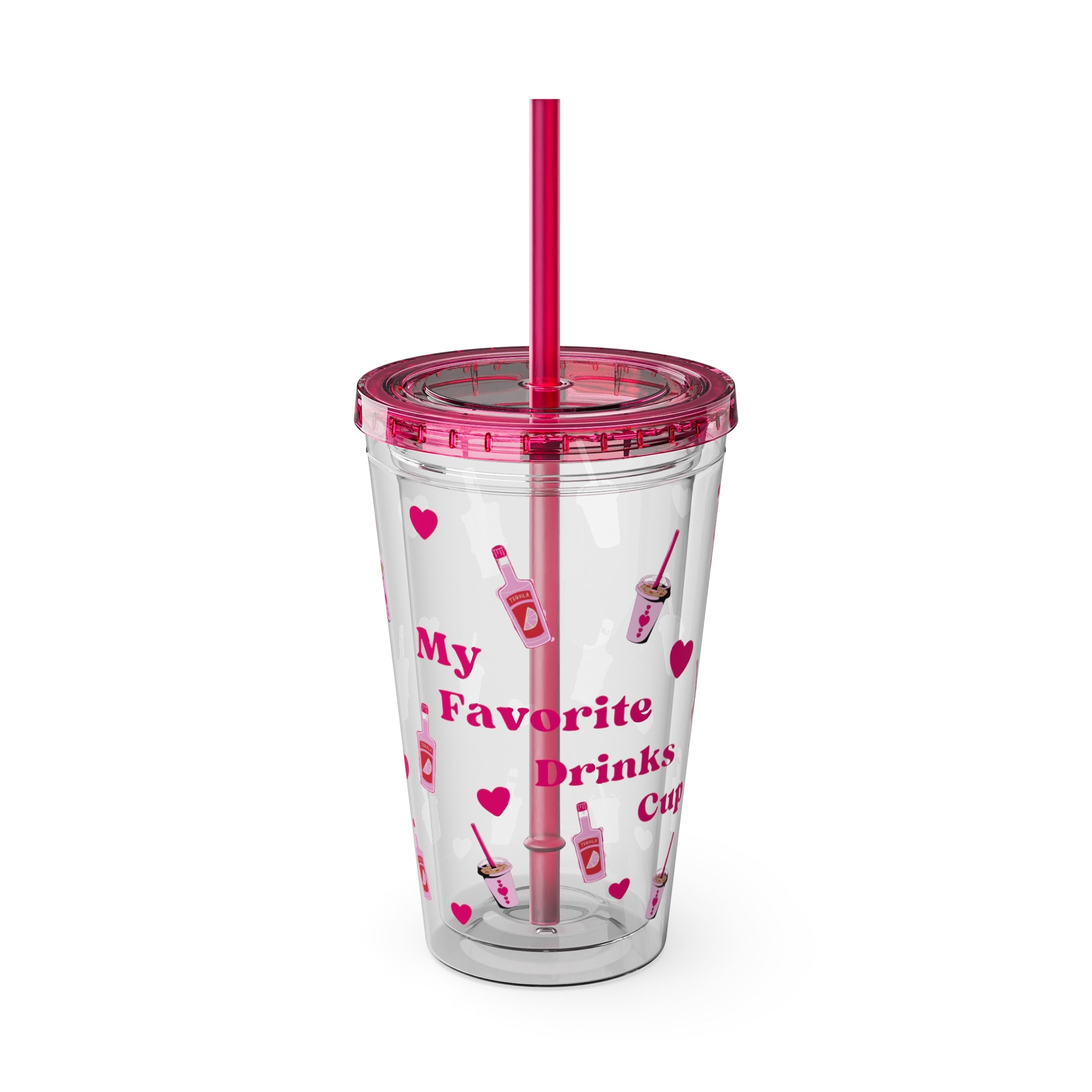 “My Favorite Drinks Cup” - 16oz Clear Acrylic Tumbler with Hot Pink Hearts & Girly Drink Patterns | Fun Party Girl Cup for Baddies