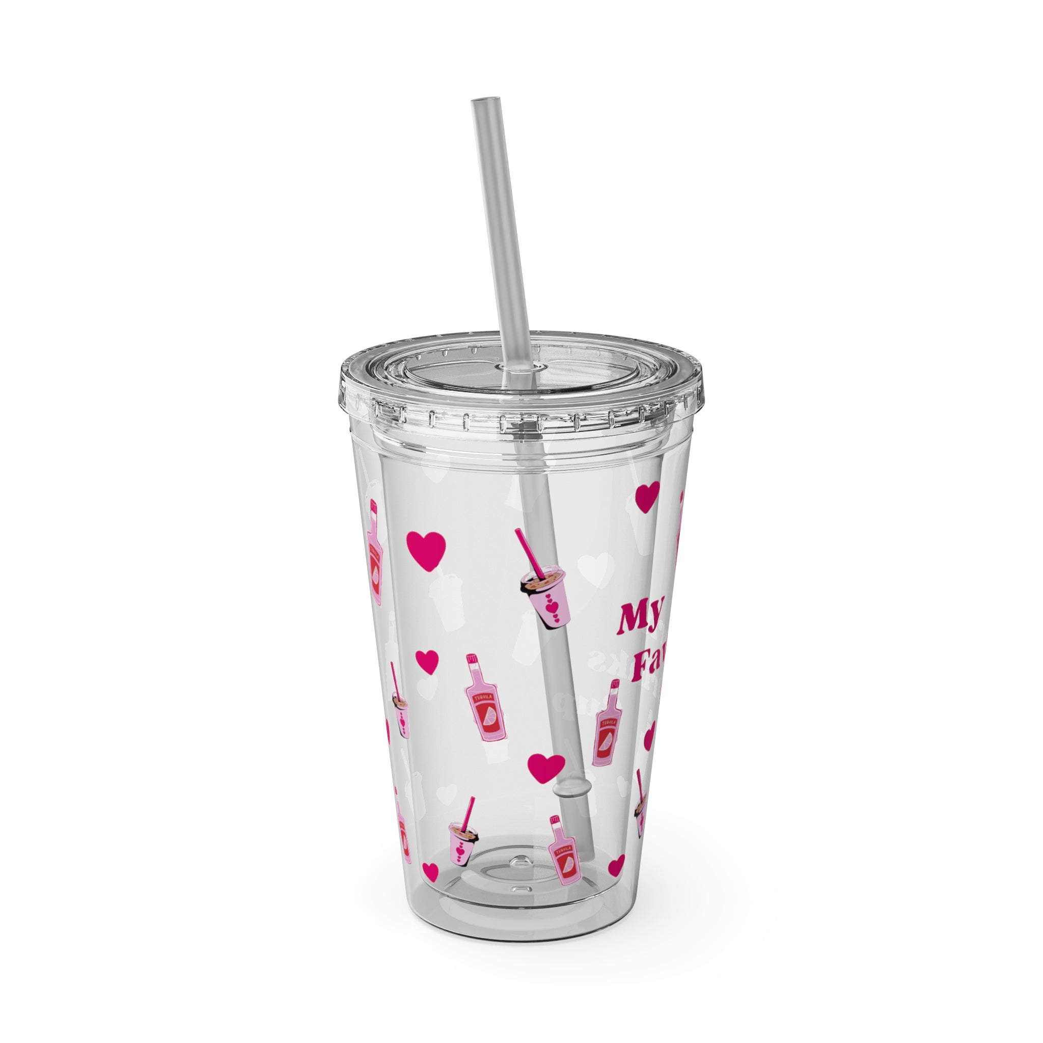 “My Favorite Drinks Cup” - 16oz Clear Acrylic Tumbler with Hot Pink Hearts & Girly Drink Patterns | Fun Party Girl Cup for Baddies