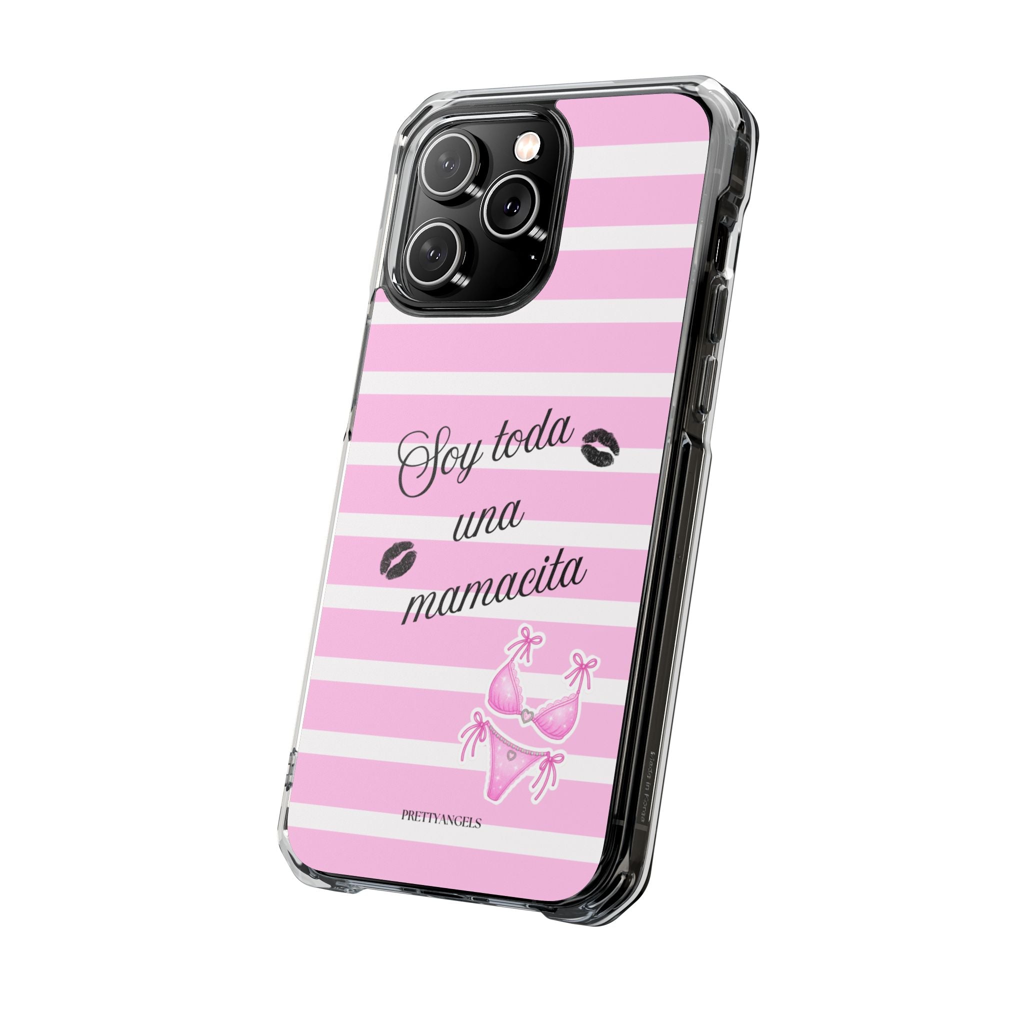 “Soy Toda Una Mamacita” MagSafe Clear Phone Case - Pink & White Striped | Latina Baddie Magnetic Impact Cover