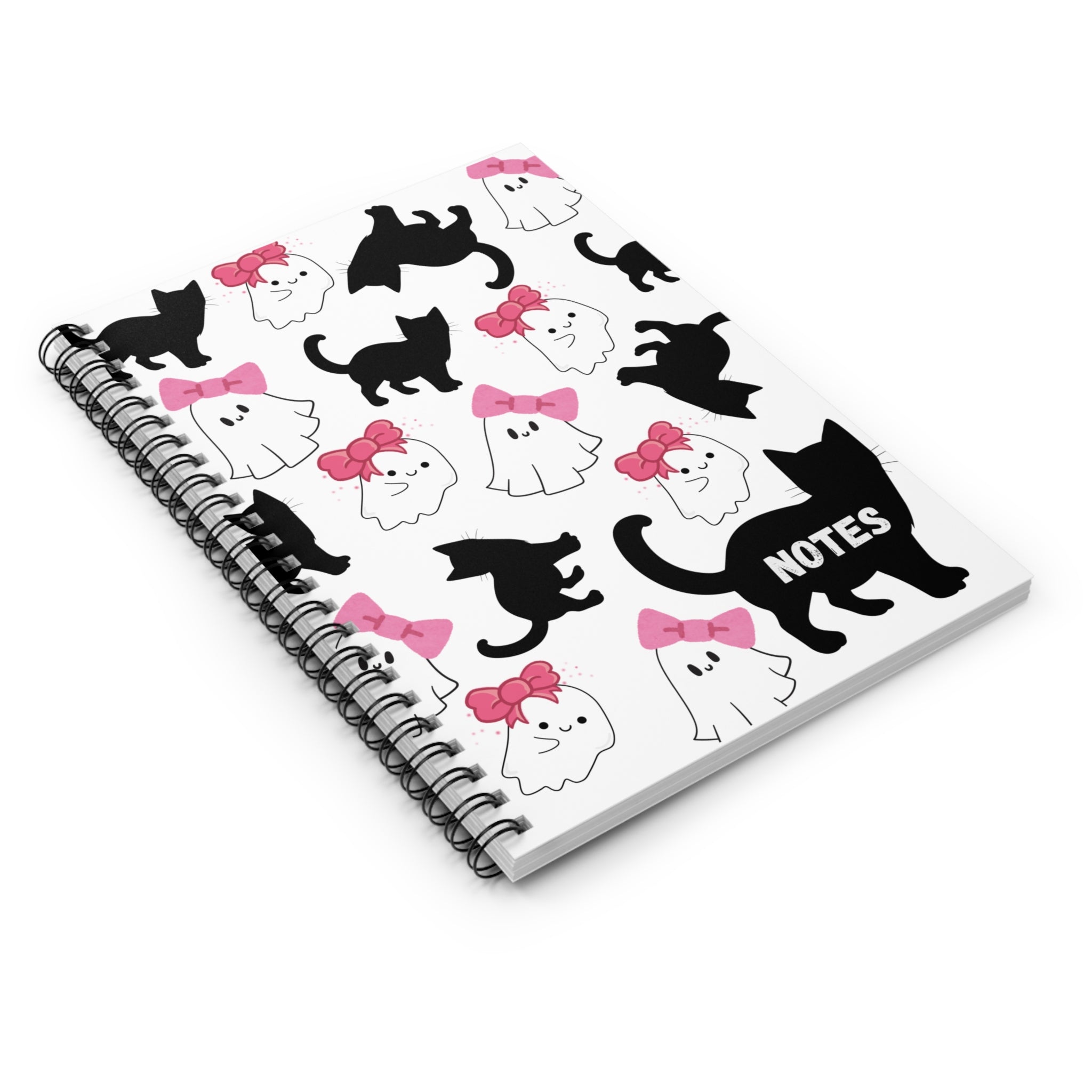 “Spooky Cute Halloween Spiral Notebook – Ghosts with Pink Bows & Black Cat | Girly Aesthetic Stationery”