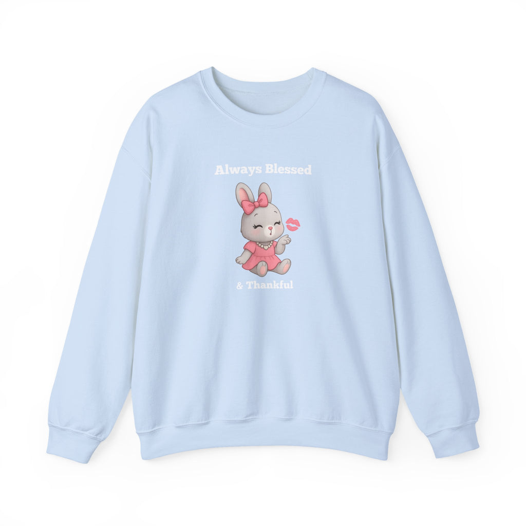 Always Blessed & Thankful™ Bunny Kiss Sweatshirt – Luxe Unisex Cozy Graphic Sweater for Pretty Girls (Black, Maroon, Light Blue, Heliconia, Red)