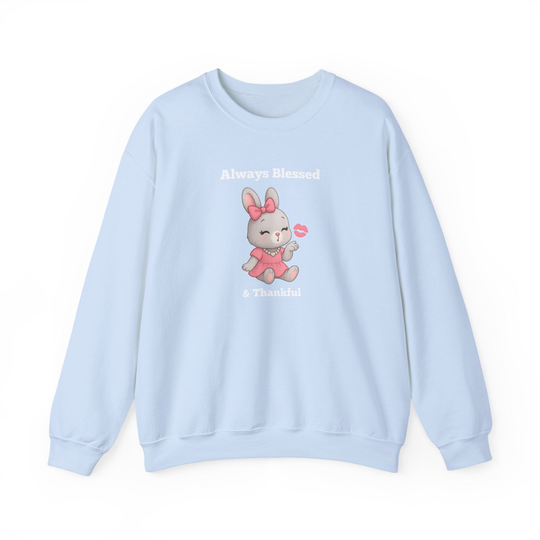 Always Blessed & Thankful™ Bunny Kiss Sweatshirt – Luxe Unisex Cozy Graphic Sweater for Pretty Girls (Black, Maroon, Light Blue, Heliconia, Red)