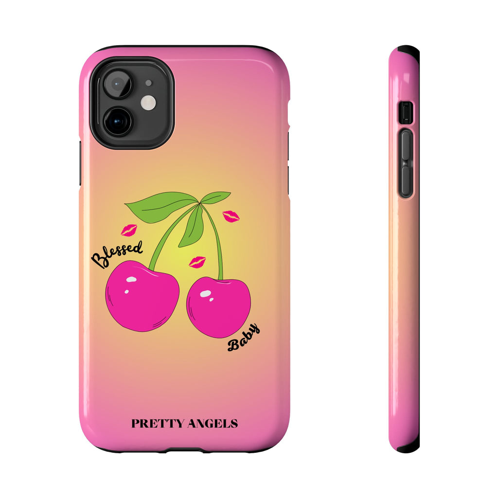 Blessed Baby Sunset Cherry Phone Case — Cute Hot Pink Cherry & Kisses