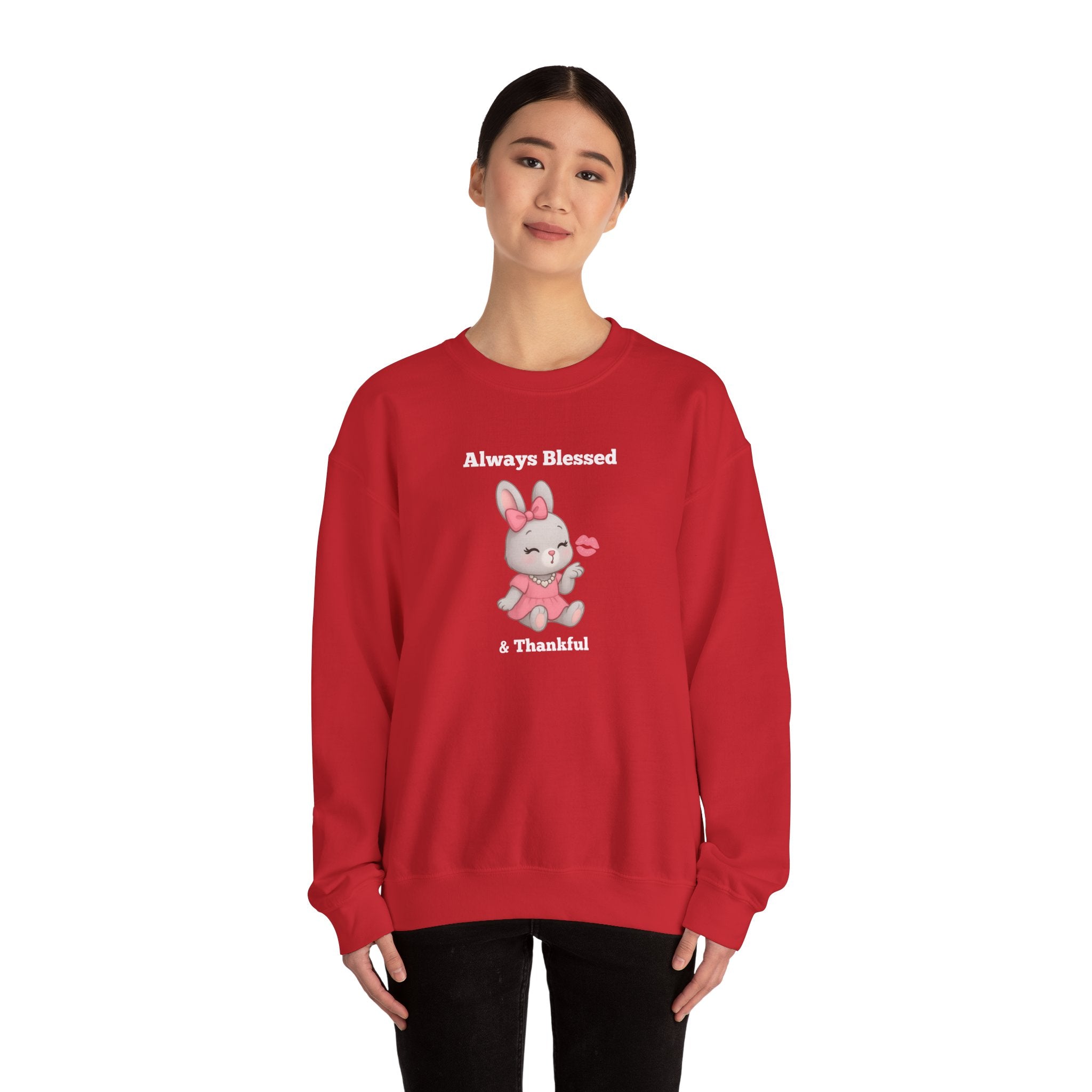 Always Blessed & Thankful™ Bunny Kiss Sweatshirt – Luxe Unisex Cozy Graphic Sweater for Pretty Girls (Black, Maroon, Light Blue, Heliconia, Red)