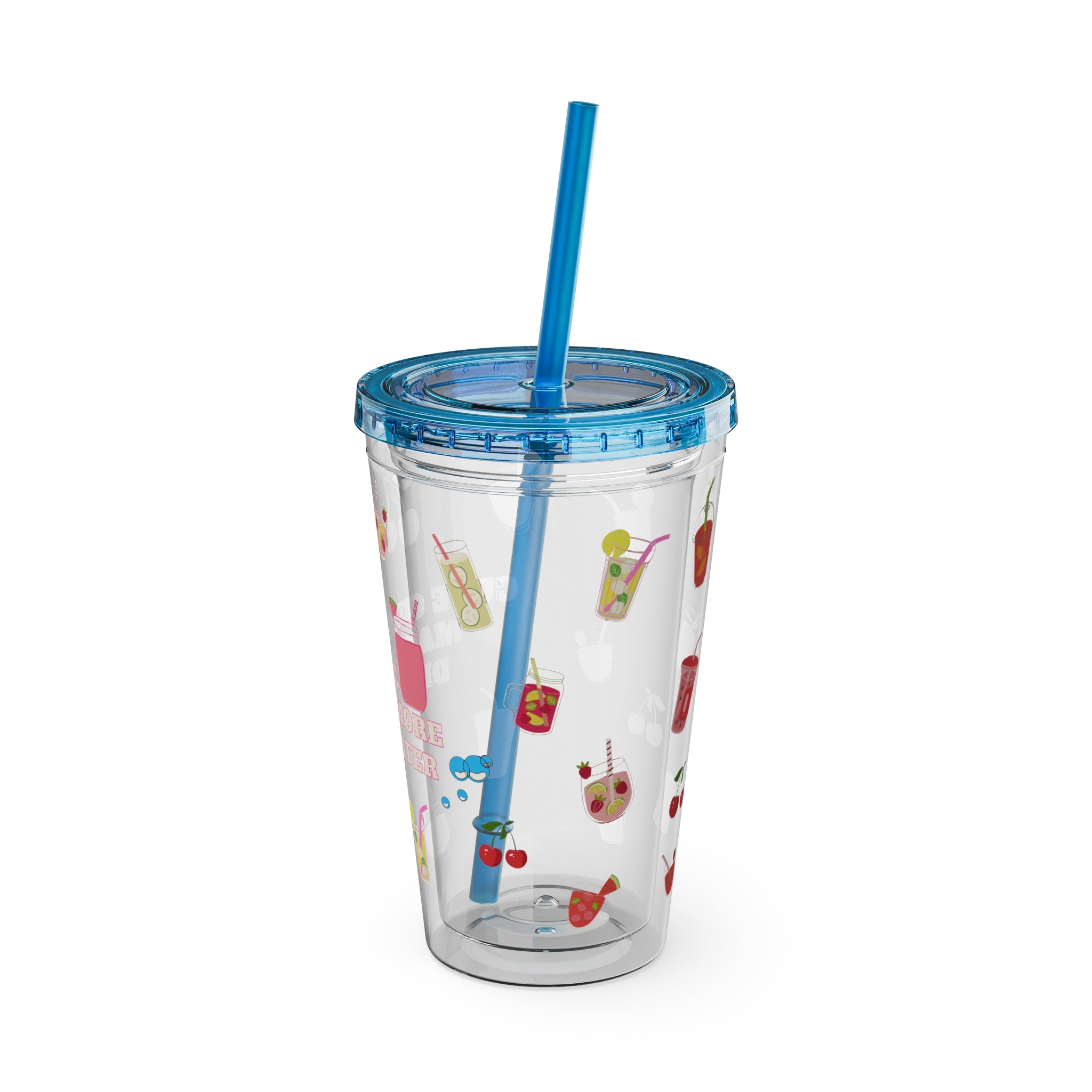 Clear “Cute Cups Make Me Drink More Water” Tumbler - 16oz Acrylic Cup with Lid & Straw | Aesthetic Lemonade, Cherry & Water Drink Patterns for Pretty Girls | Soft Girl Tumbler