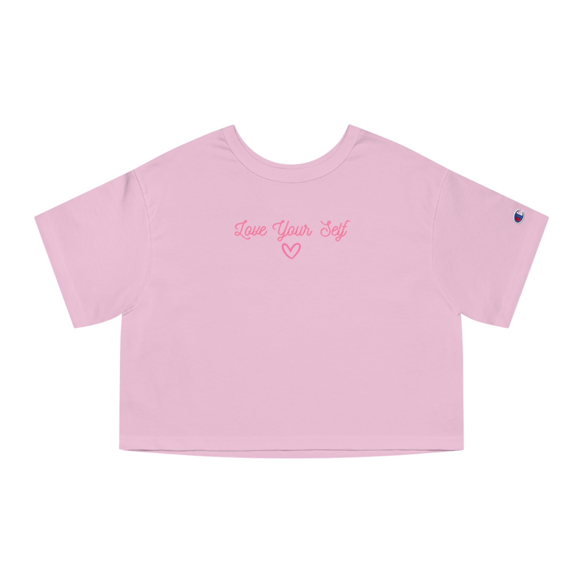 “Champion® Women’s Loose Cropped Tee – ‘Love Your Self’ Pink Cursive Minimalist Shirt | Cute Back-to-School Outfit for Teen Girls & Soft Girl Aesthetic”