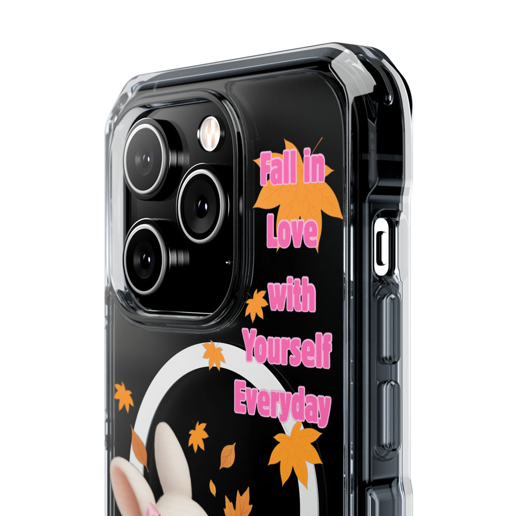 Fall in Love with Yourself Everyday – Cute White Bunny MagSafe iPhone Case with Hearts & Autumn Leaves, Luxury Aesthetic Clear Phone Cover