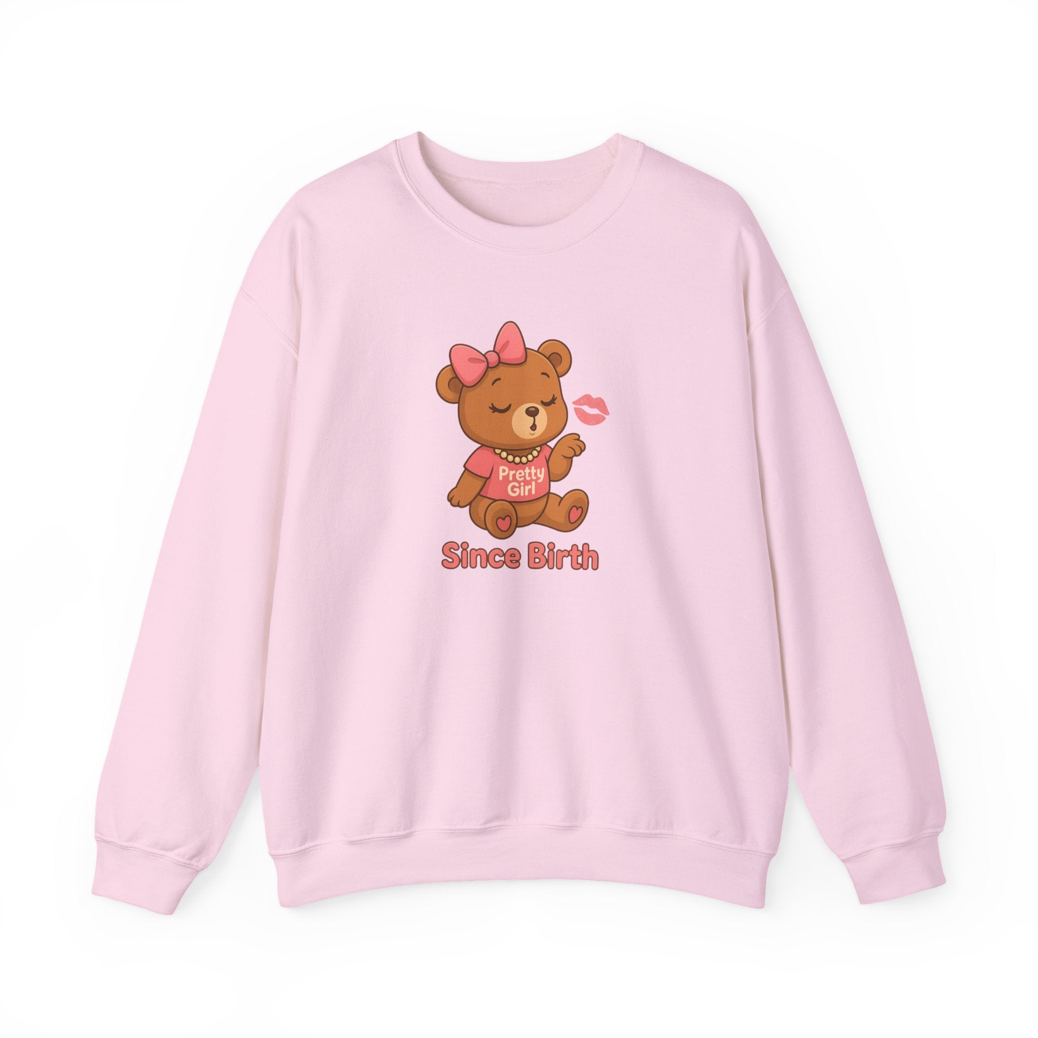 Pretty Girl Since Birth™ Teddy Kiss Sweatshirt – Luxe Unisex Cozy Graphic Sweater for Confident Girly Girls