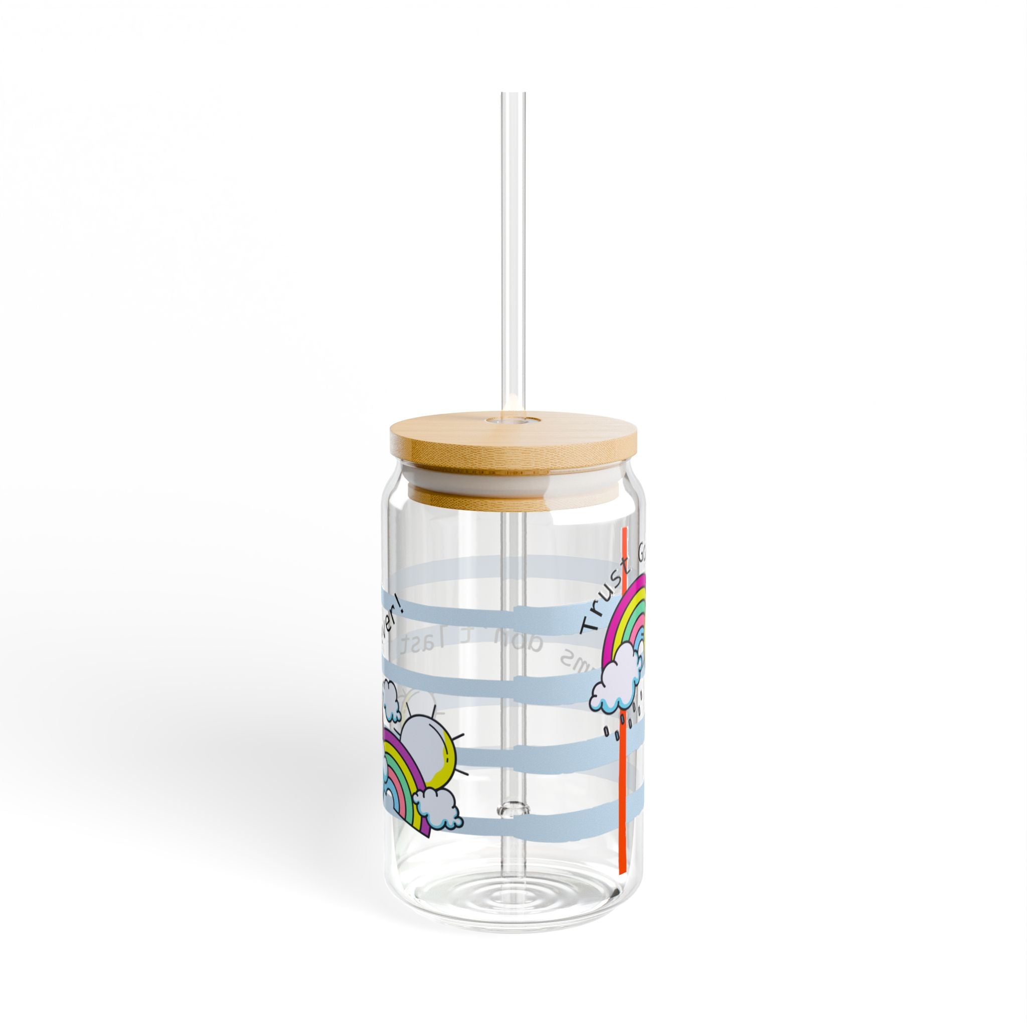 “Trust God, Storms don’t last forever!“ 16oz Clear Sipper Glass with Bamboo Lid & Tritan Straw – Cute Notebook Paper Design with Clouds & Rainbow | Faith-Based Girly Cup