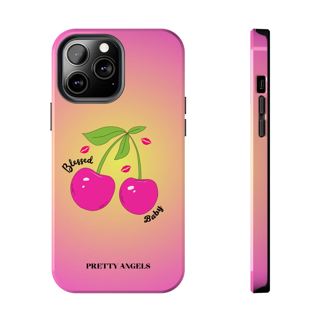Blessed Baby Sunset Cherry Phone Case — Cute Hot Pink Cherry & Kisses
