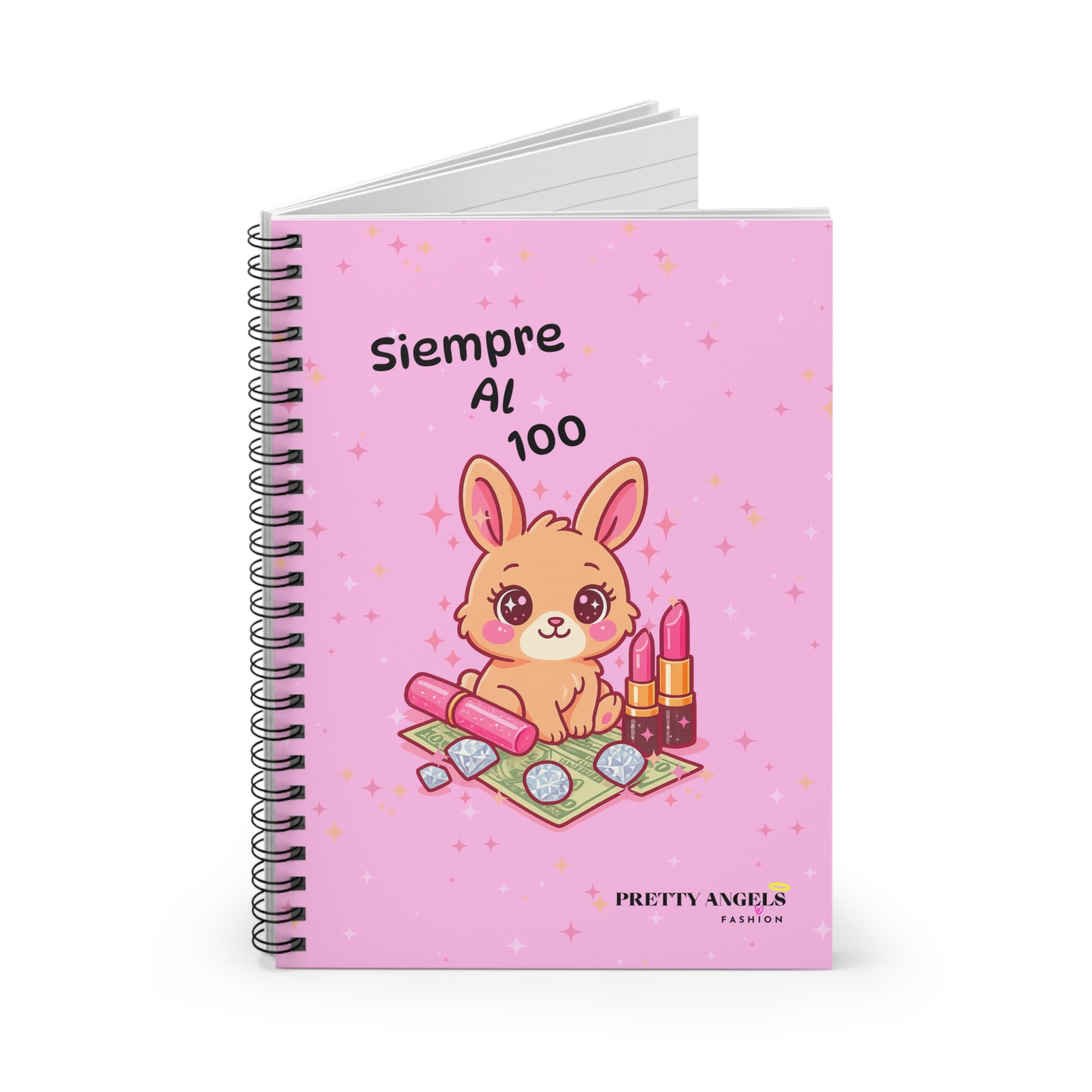 Siempre Al 100 Notebook – Cute Pink Bunny Journal with Money, Diamonds & Lipstick | Latina Baddie Stationery