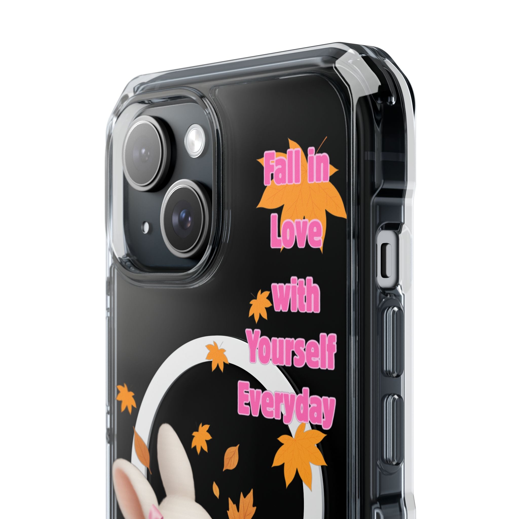 Fall in Love with Yourself Everyday – Cute White Bunny MagSafe iPhone Case with Hearts & Autumn Leaves, Luxury Aesthetic Clear Phone Cover