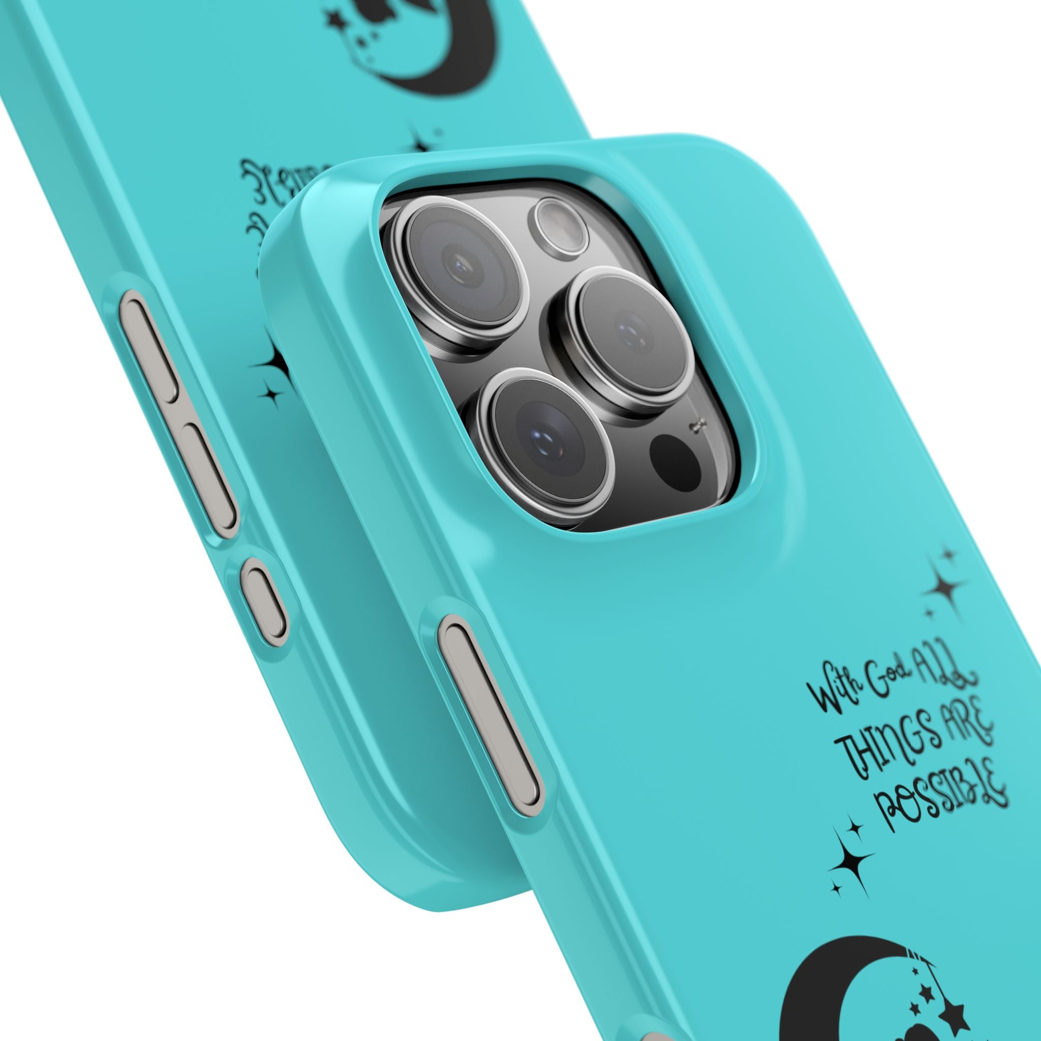“With God All Things Are Possible” Phone Case - Teal Slim Fairy Moon Cover with Bible Verse for Faith-Filled Girly Girls, Slim Phone Cases with Inspirational Quote, Dreamy Phone Cover, Fairy Phone Case, Magical Gift Idea, Girly Protection for Your Device