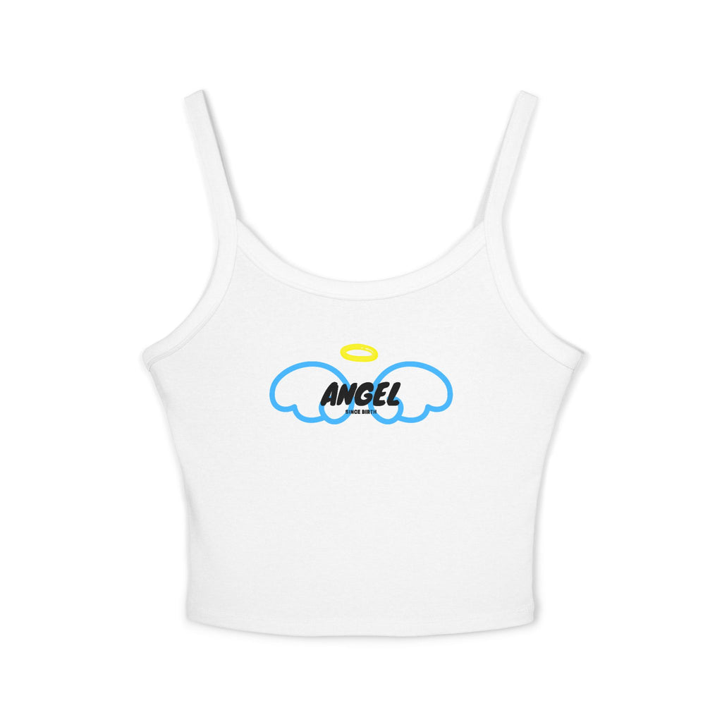 “Angel Since Birth” Tank Top - White & Pink Crop Top with Blue Wings | Girly Soft Aesthetic Shirt for Baddie Girls | Cute Bella+Canvas Fit