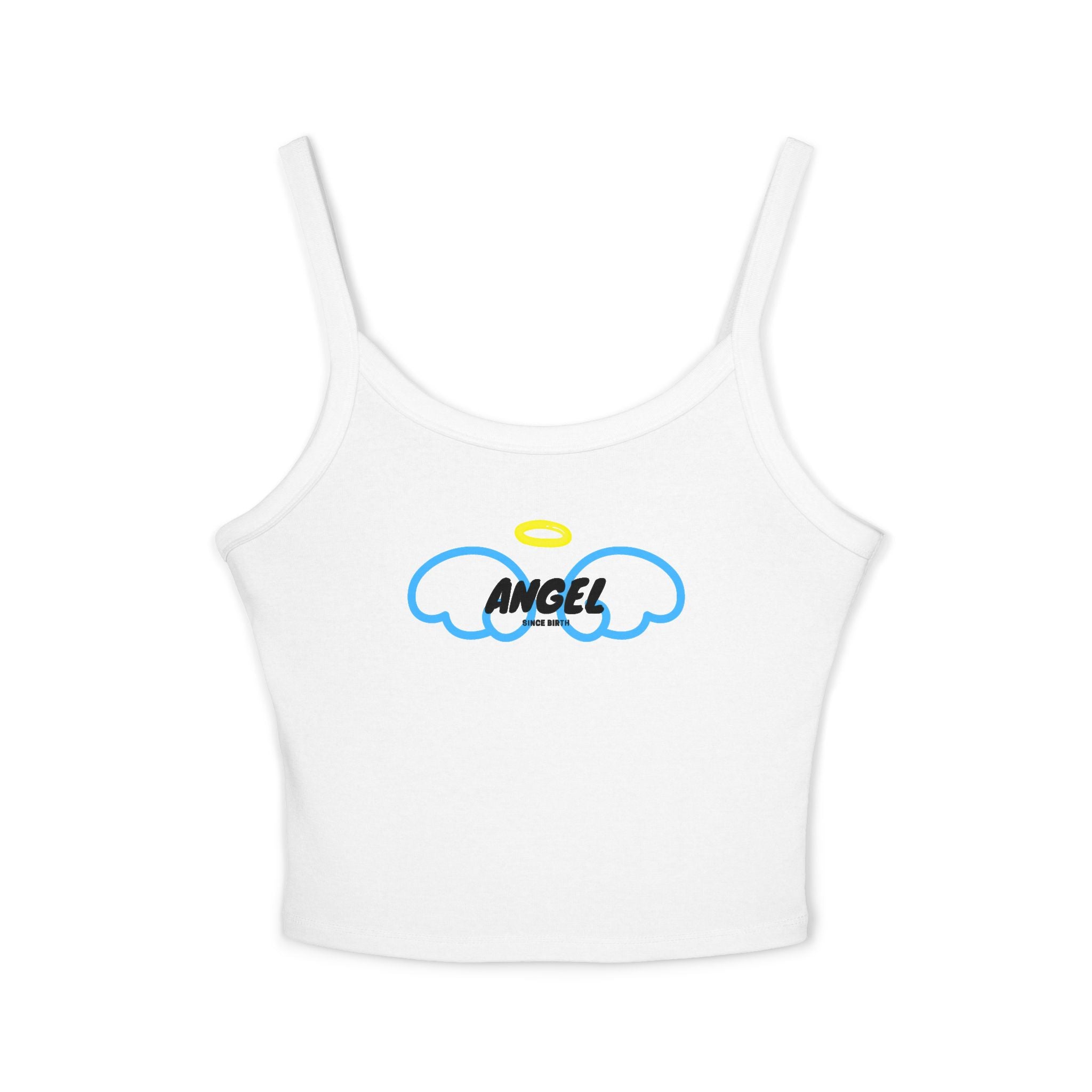 “Angel Since Birth” Tank Top - White & Pink Crop Top with Blue Wings | Girly Soft Aesthetic Shirt for Baddie Girls | Cute Bella+Canvas Fit