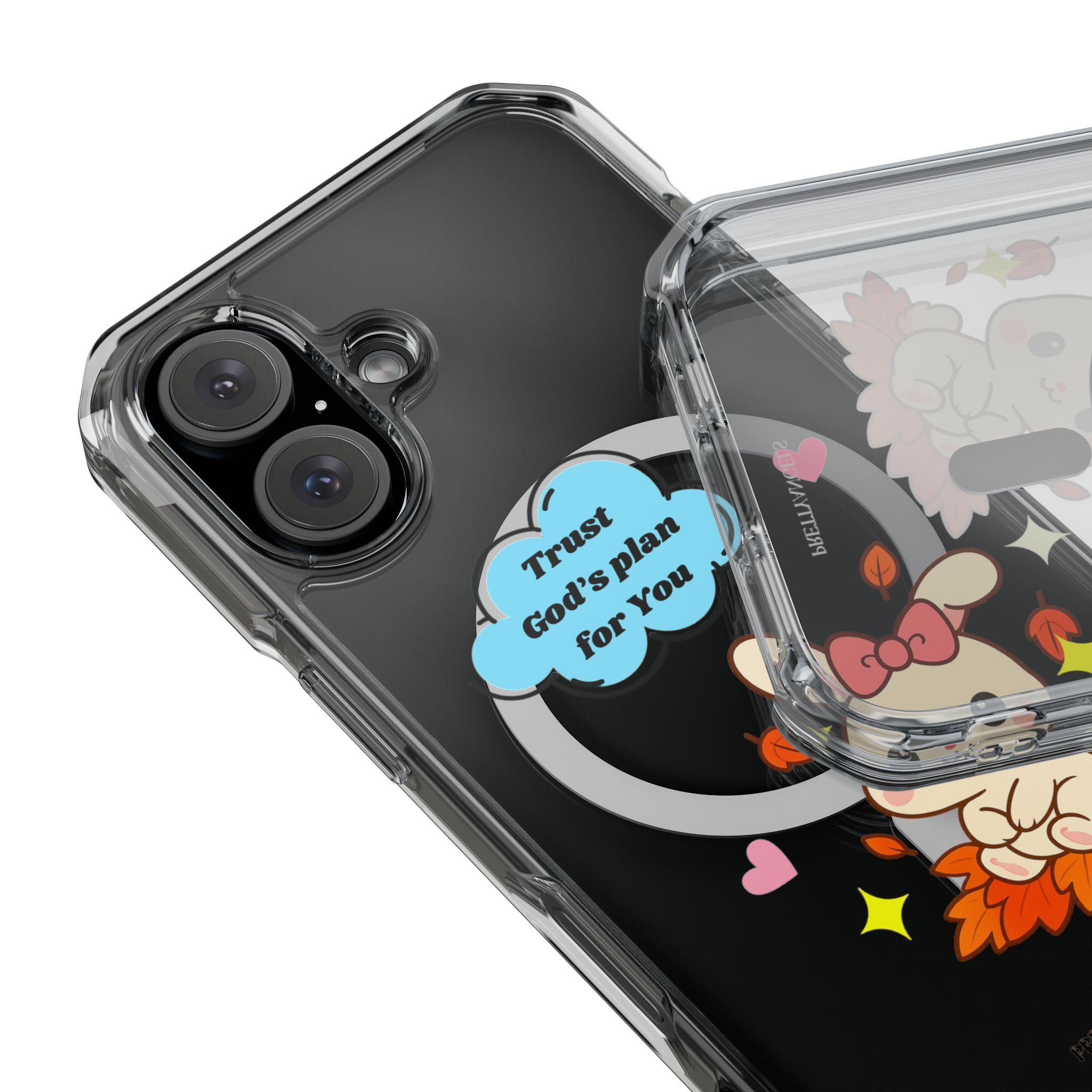 Cute Bunny MagSafe iPhone Case – Clear Sparkly Aesthetic Phone Cover with Hearts, Kisses & “Trust God’s Plan for You” Cloud