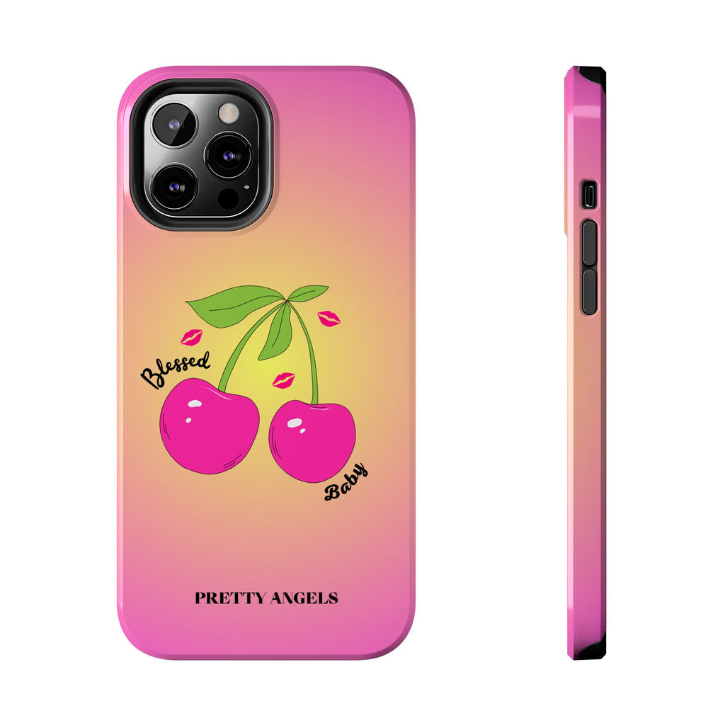Blessed Baby Sunset Cherry Phone Case — Cute Hot Pink Cherry & Kisses