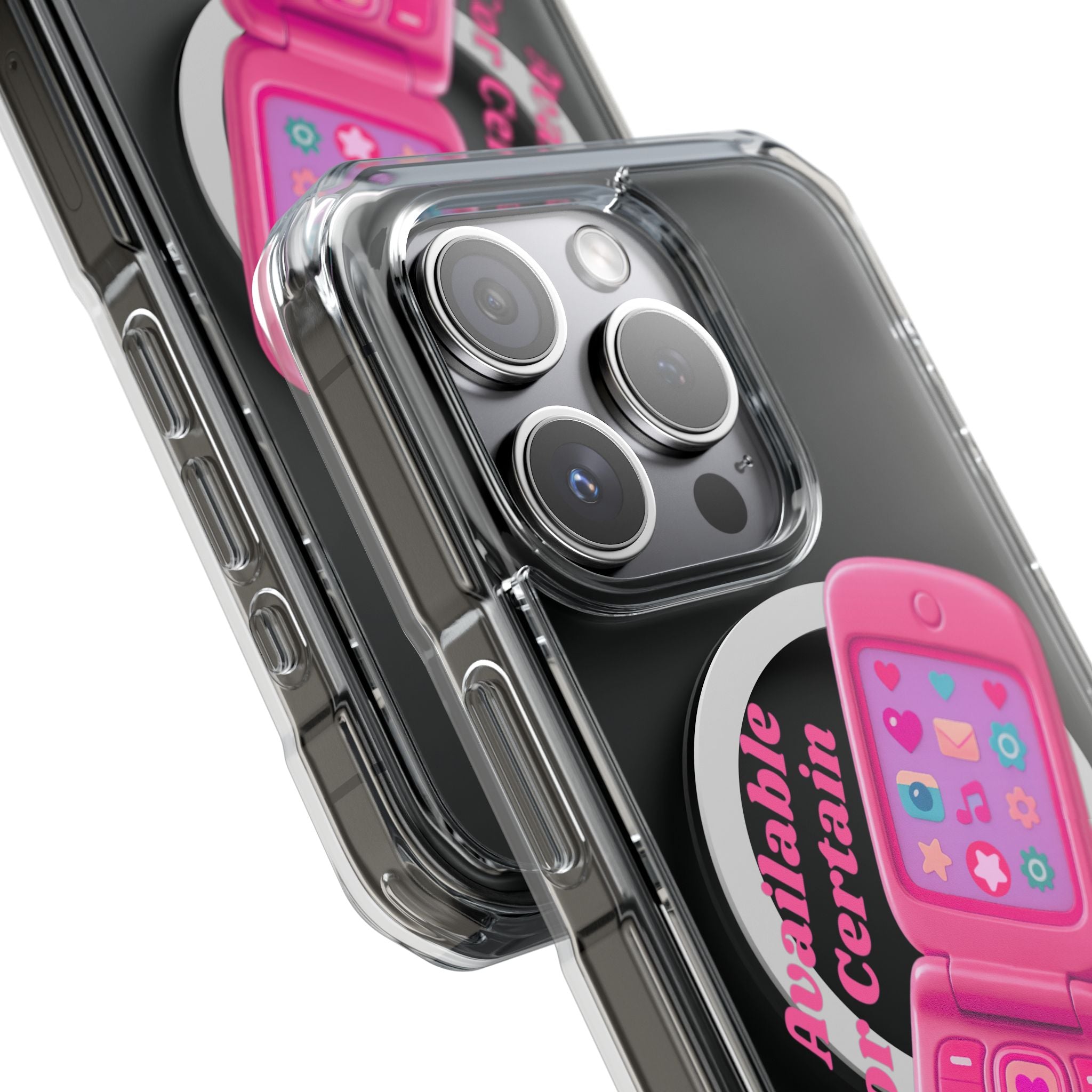 Pink Flip Phone MagSafe Clear Luxe iPhone Case – Barbie Baddie Vibes “Available for Certain Calls Only” Retro Girly Case