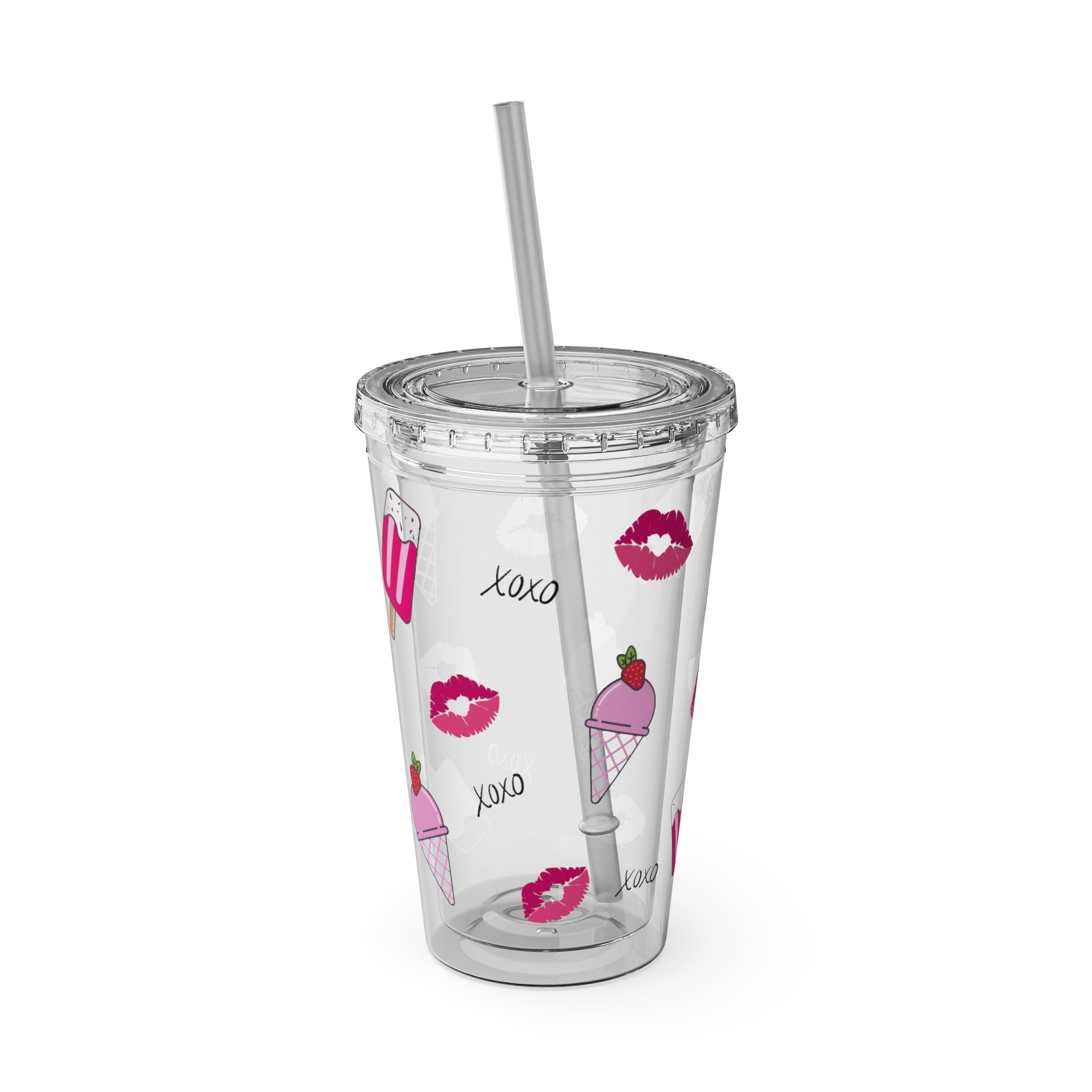Barbie Girl Summer Tumbler - 16oz Pink Acrylic Cup with Ice Cream, Pink Popsicles, XOXO & Kisses - Cute Clear Tumbler for Iced Coffee & Rich Girl Aesthetics, Girly Beach Days Tumbler
