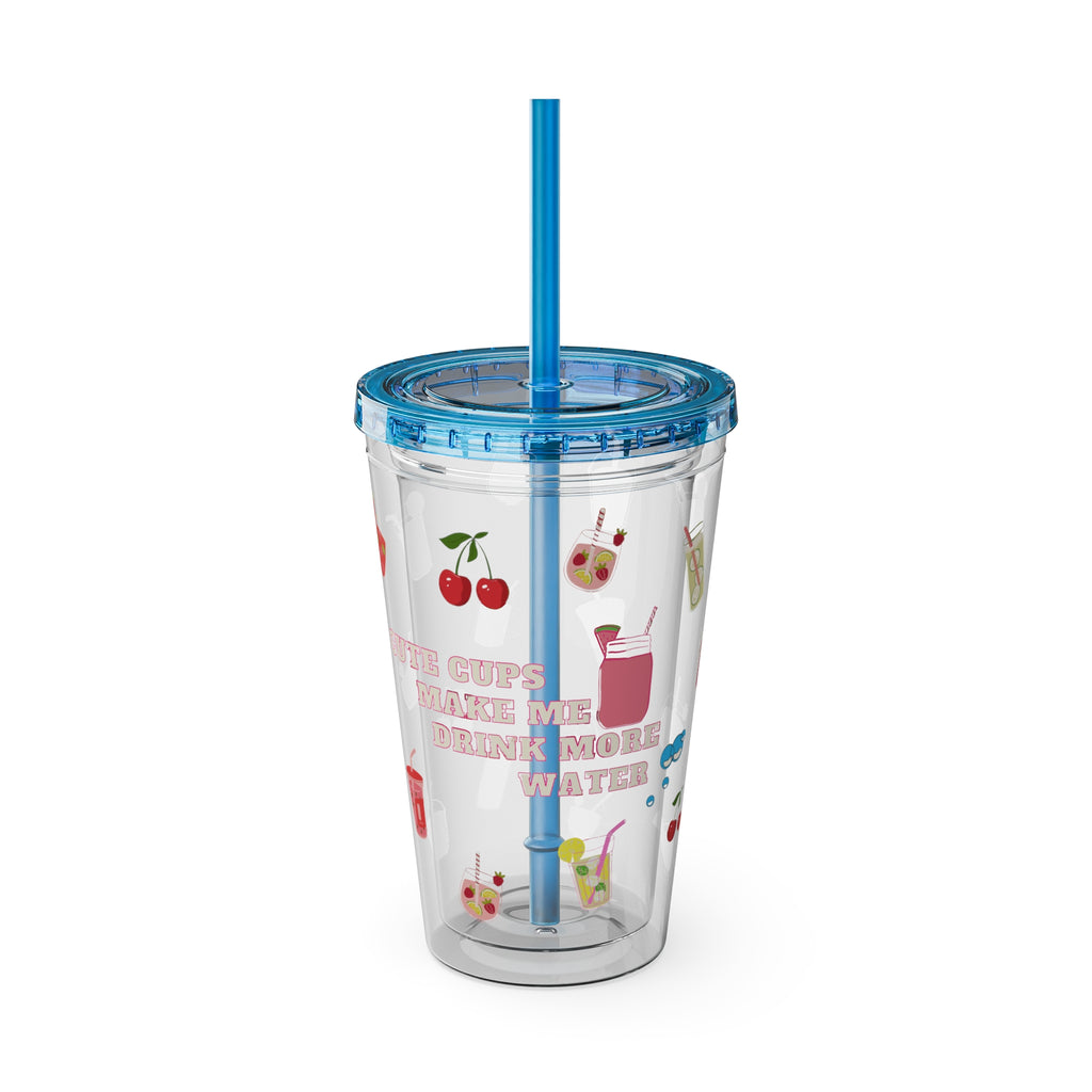 Clear “Cute Cups Make Me Drink More Water” Tumbler - 16oz Acrylic Cup with Lid & Straw | Aesthetic Lemonade, Cherry & Water Drink Patterns for Pretty Girls | Soft Girl Tumbler