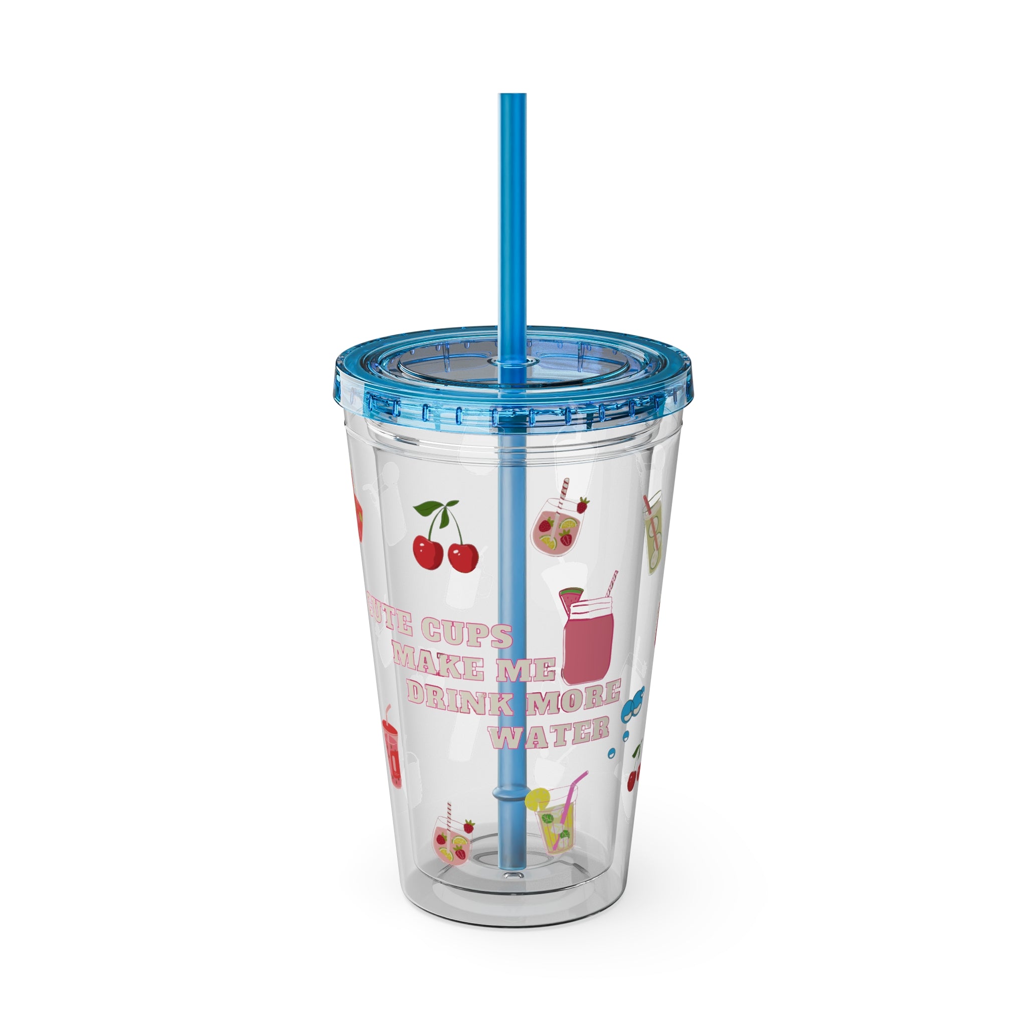 Clear “Cute Cups Make Me Drink More Water” Tumbler - 16oz Acrylic Cup with Lid & Straw | Aesthetic Lemonade, Cherry & Water Drink Patterns for Pretty Girls | Soft Girl Tumbler